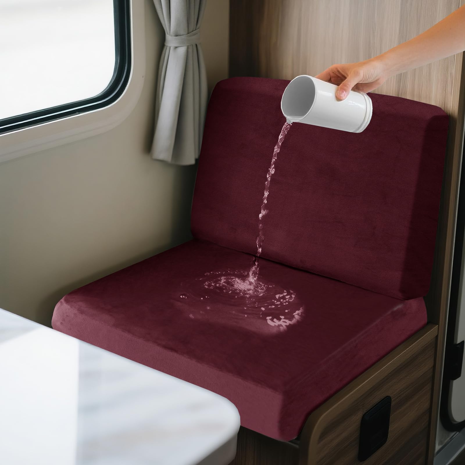 SYLC 2 Piece Waterproof Caravan Seat Covers and Backrest Cover, Non-slip Motorhome Dinette Cushion Covers with Ties, Stretch Campervan Seat Covers Velvet (Magenta,Square S)