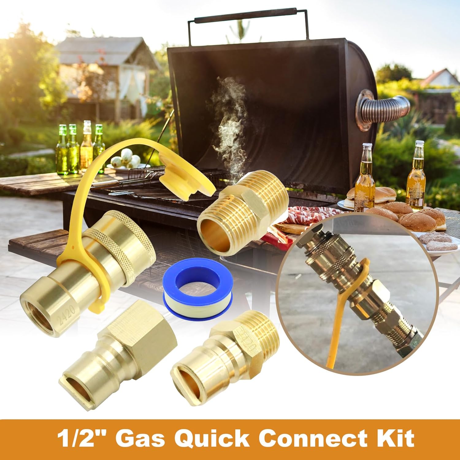 MDEOOSKY 1/2" Natural Gas Quick Connect Fittings Kit, Natural and Propane Gas Hose Quick Connect Disconnect Plug Set with Dust Cover for Natural Gas Pipelines Natural Gas Grill