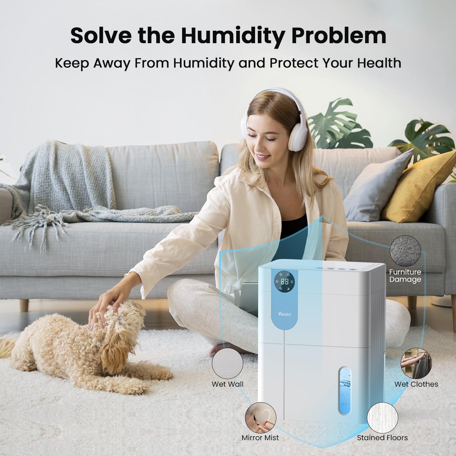 Dehumidifier, VEWIOR 152 OZ Dehumidifiers for Home, (900 sq.ft) Quiet Dehumidifier for Basement with Large Water Tank, Dehumidifiers for Bathroom Bedroom RV Closet with Auto Shut Off and Night Light