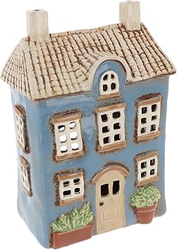 Shudehill Giftware Village Pottery Ceramic Tealight Holder Pretty Garden Floral House Collection - Grey, Blue, Yellow, Cream Garden Light Blue