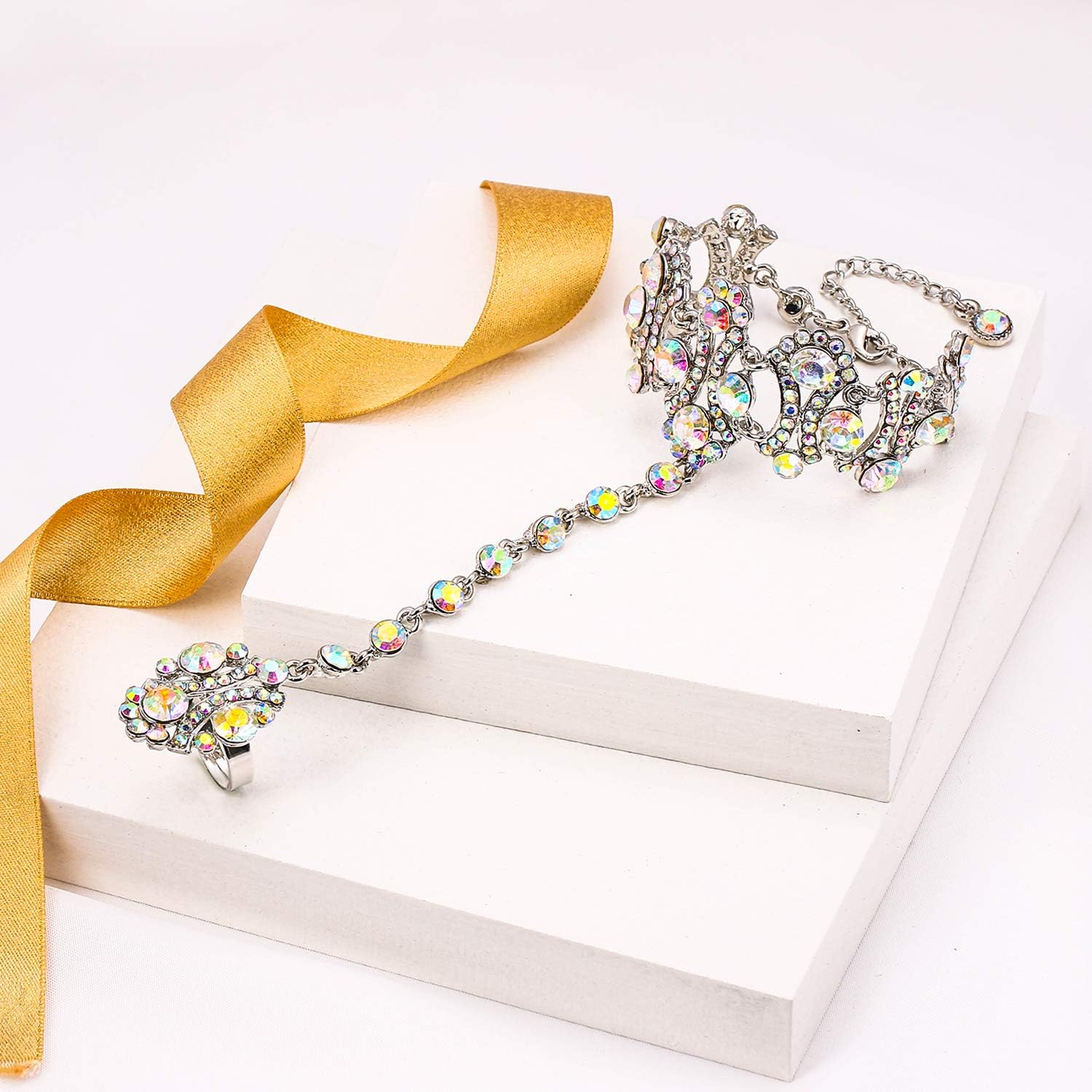 EVER FAITH Women's Austrian Crystal 1920s Style Inspired Banquet Prom Bracelet Adjustable Ring Set Silver-Tone