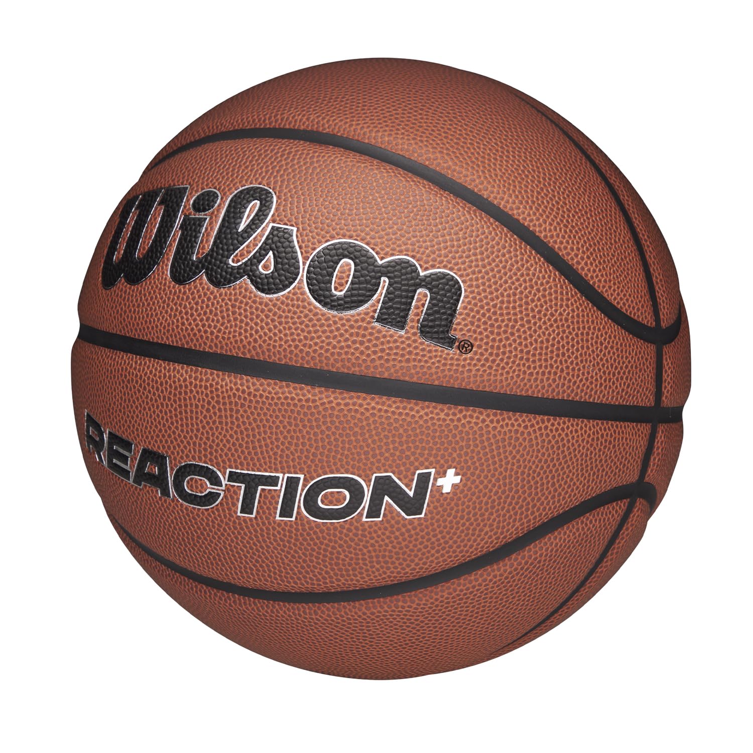 Wilson Pallone da Basket Reaction Plus, In Materiali Compositi Resistenti con Design a Canali Profondi, Marrone/Argento, Misura 5