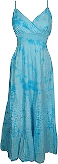 Womens Maxi Boho Dress Floral Embroidered Flare Spaghetti Strap Cotton Tie Dye Dresses S Blue