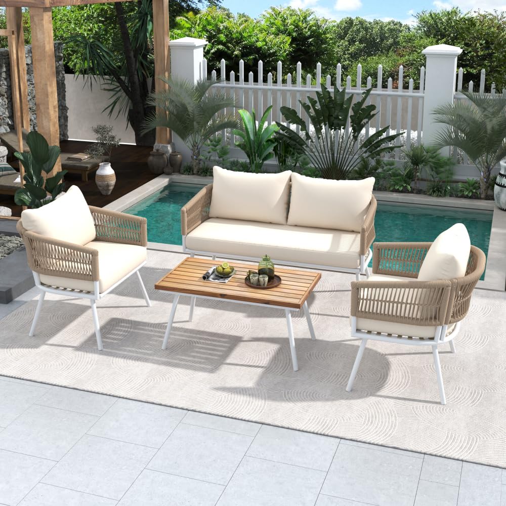 4-Piece Outdoor Patio Furniture Set, Boho Conversation Set with Olefin Fabric Cushions & Handwoven PP Rope, Loveseat + Acacia Wood Coffee Table, UV-Resistant for Garden, Poolside