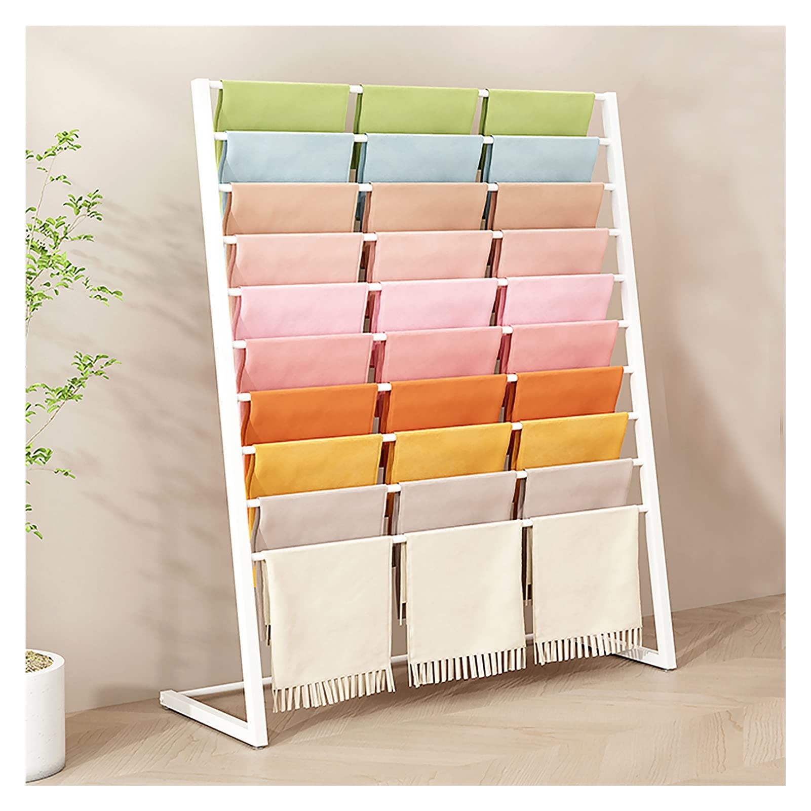 UWYTGF Freestanding Scarf Holder with Anti-Slip Feet Pads,10 Tier Closet Retail Display Holder Stand for Shawls/Hijab/Pants/Silk Ribbon/Towel,Black Gold White,White,Length,60Cm/23.6In