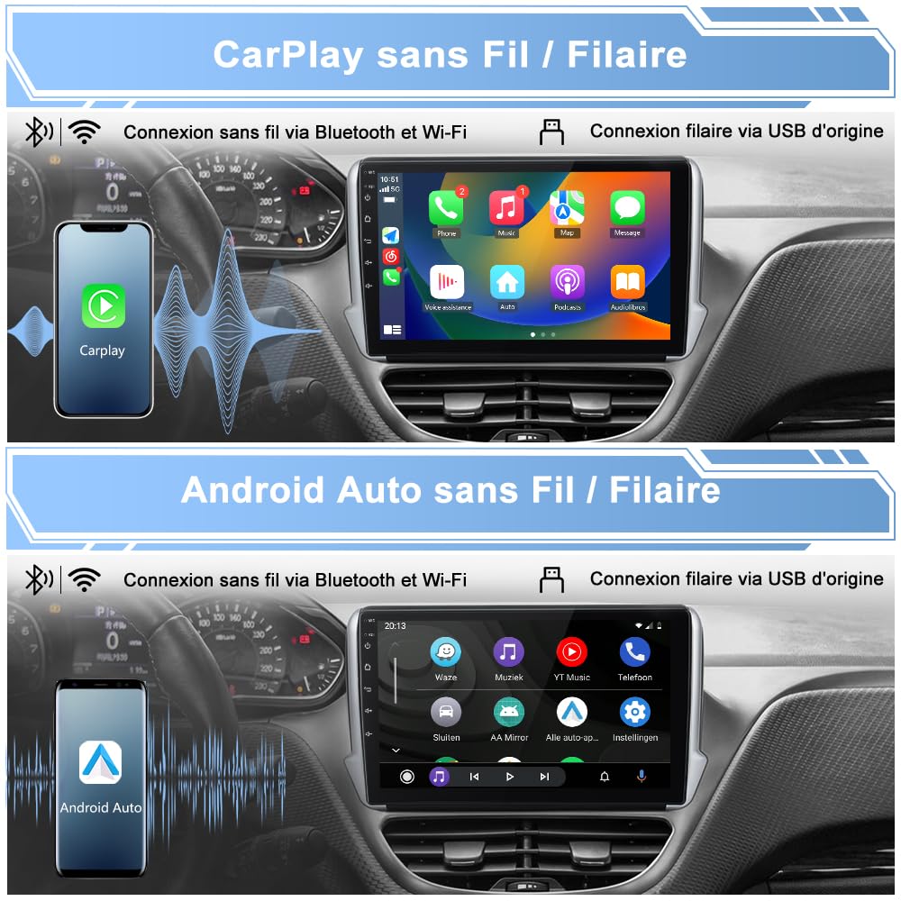 AWESAFE Autoradio 6Go+128Go 8Cœurs pour Peugeot 208 2008 (2012-2018), 4G LTE, Écran Tactile 10,1”, Android 13 CarPlay sans Fil & Android Auto, GPS WiFi Bluetooth FM RDS DSP, Commandes au Volant