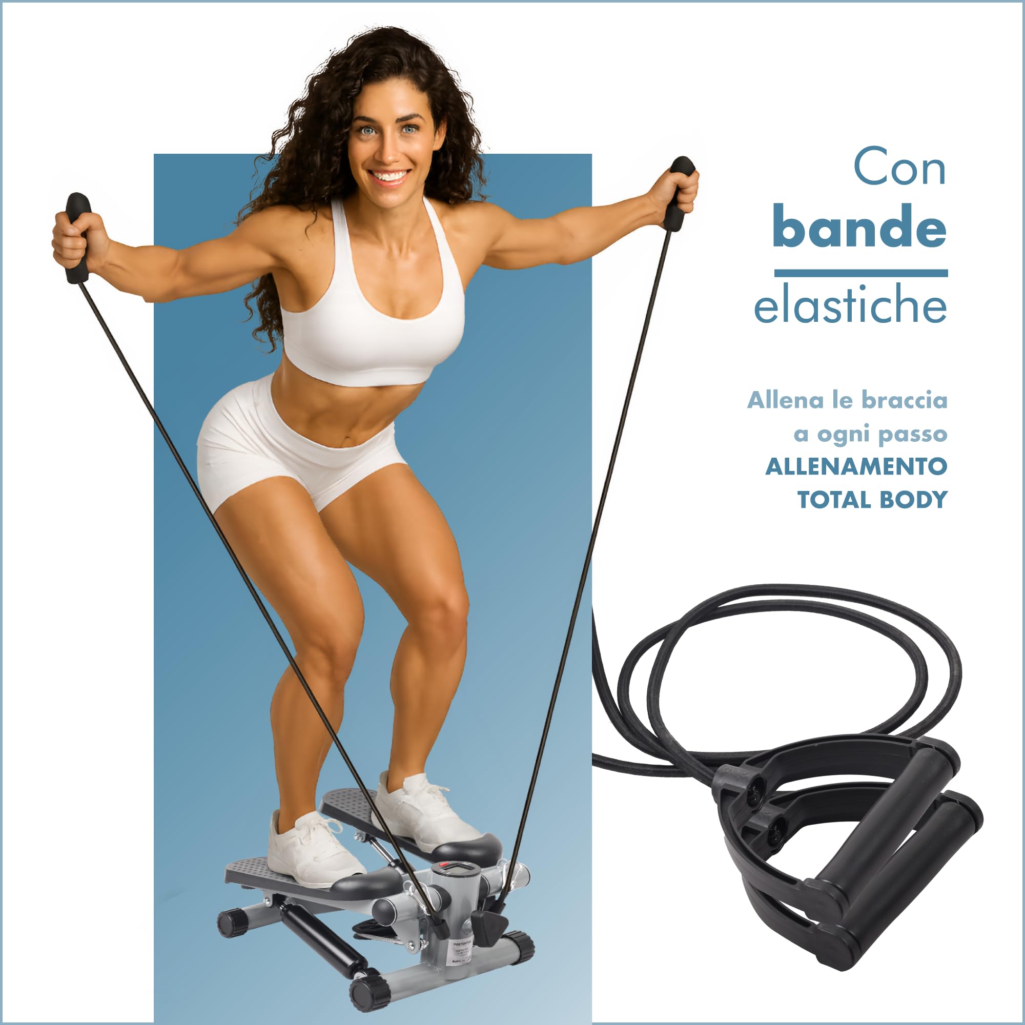 PORTENTUM Mini stepper fitness casa con bande di resistenza e schermo LCD 5 funzioni — Step 3-in-1 per gambe, glutei e braccia — Intensità regolabile — Attrezzi palestra compatti e facili da riporre
