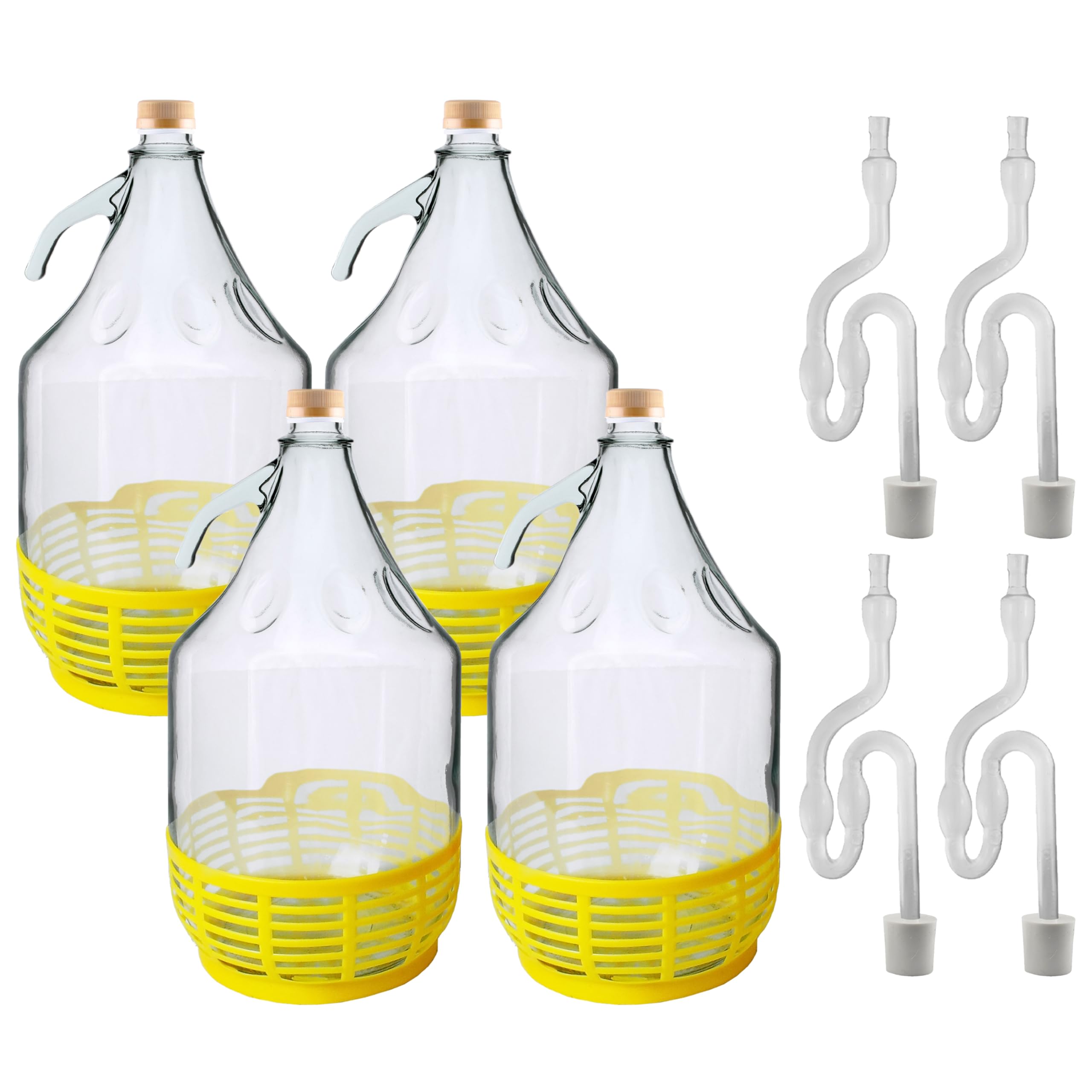 5l Glass Demijohn for Wine Making/Home Brewing and Storage,Screw top caps + Protective Base,airlocks+bungs Included (Pack of 4)