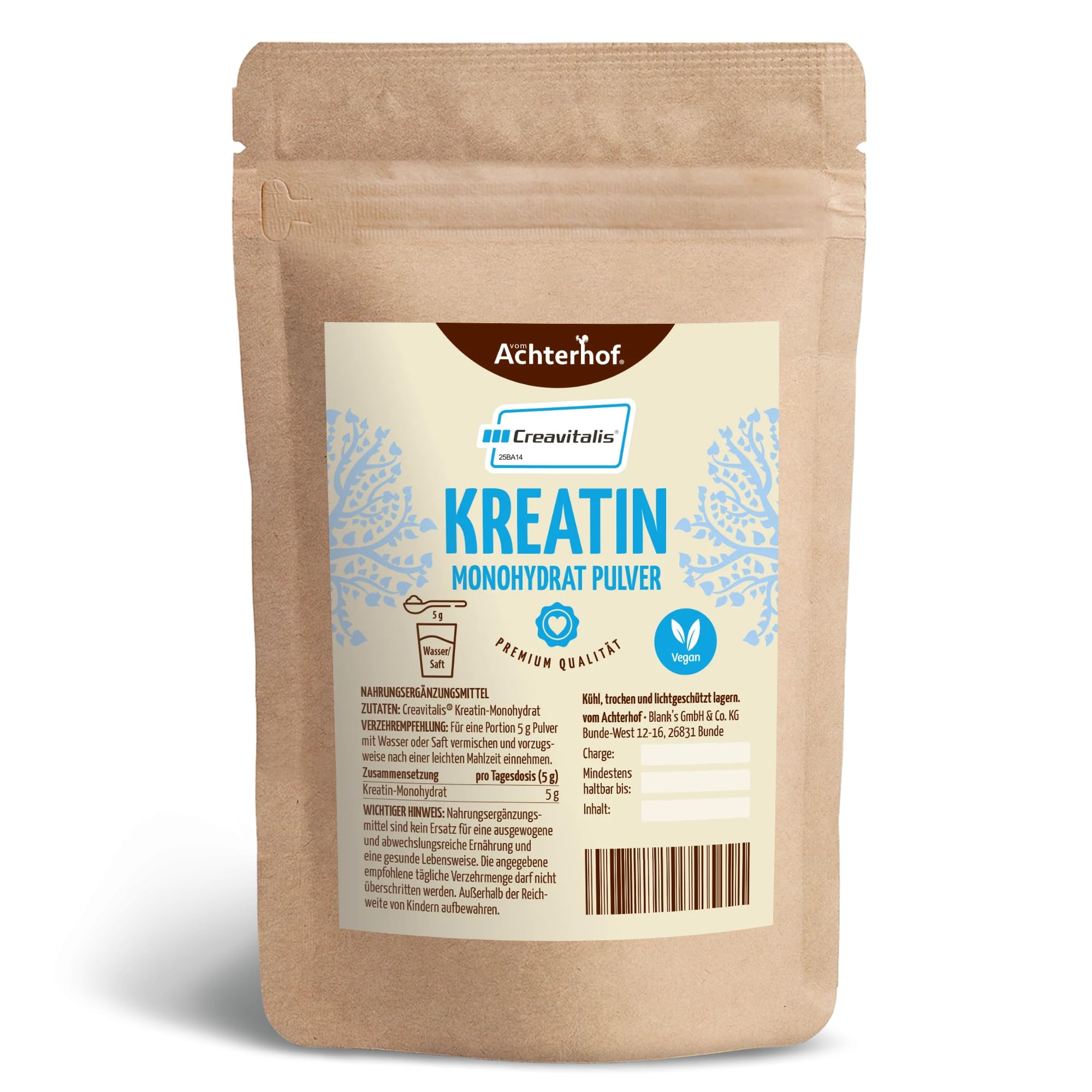 Creavitalis® Kreatin Monohydrat Pulver 500g | reinstes Kreatin ohne Zusätze made in Germany | aus den Aminosäuren Arginin, Glycin und Methionin | Achterhof