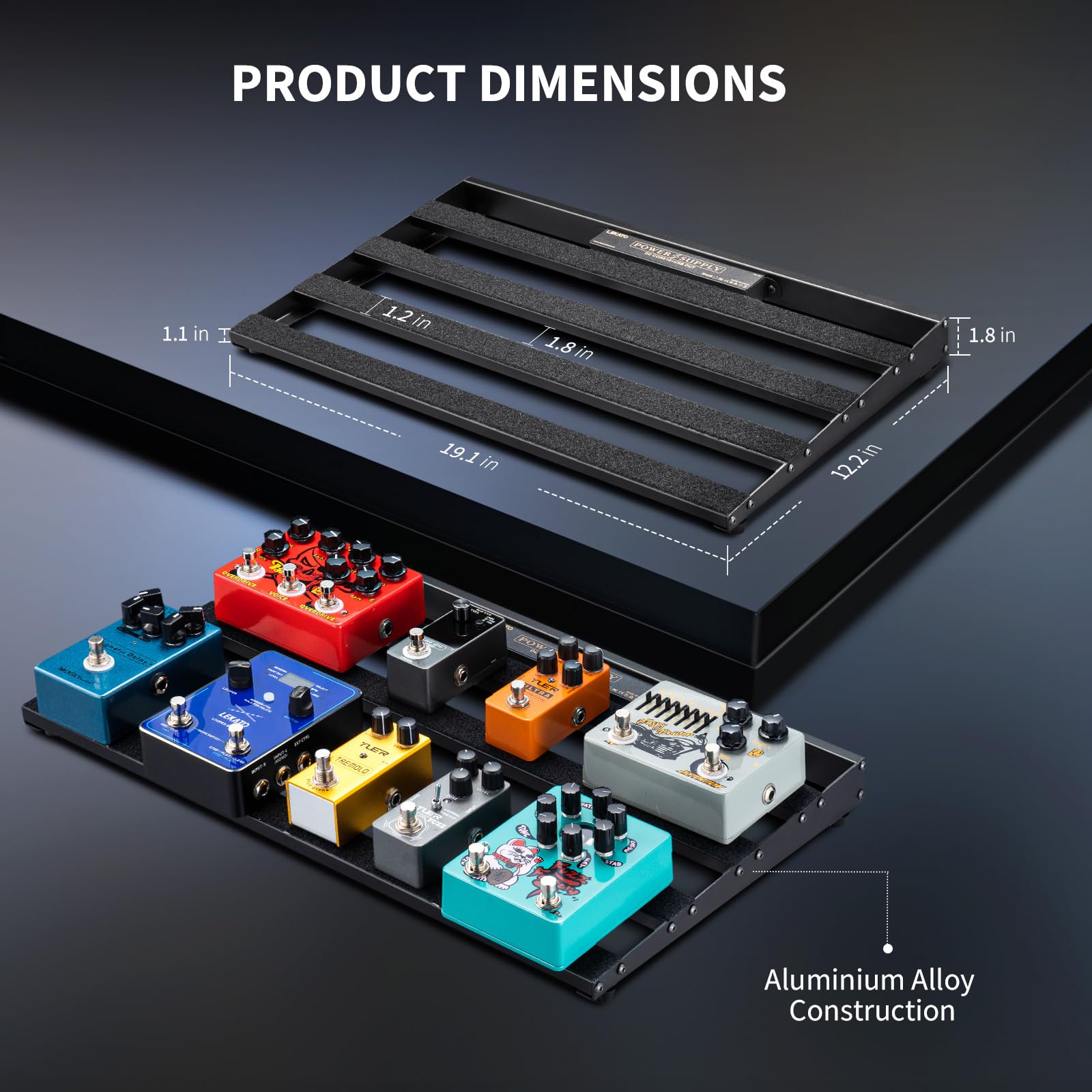 LEKATO Pedalboard mit Eingebautem Netzteil, 48.5 x 31 x 4.5cm Großes Effekt-Pedalboard, PedalBoard Set aus Aluminiumlegierung mit Tragetasche, Pedalkabel, Klettverschluss