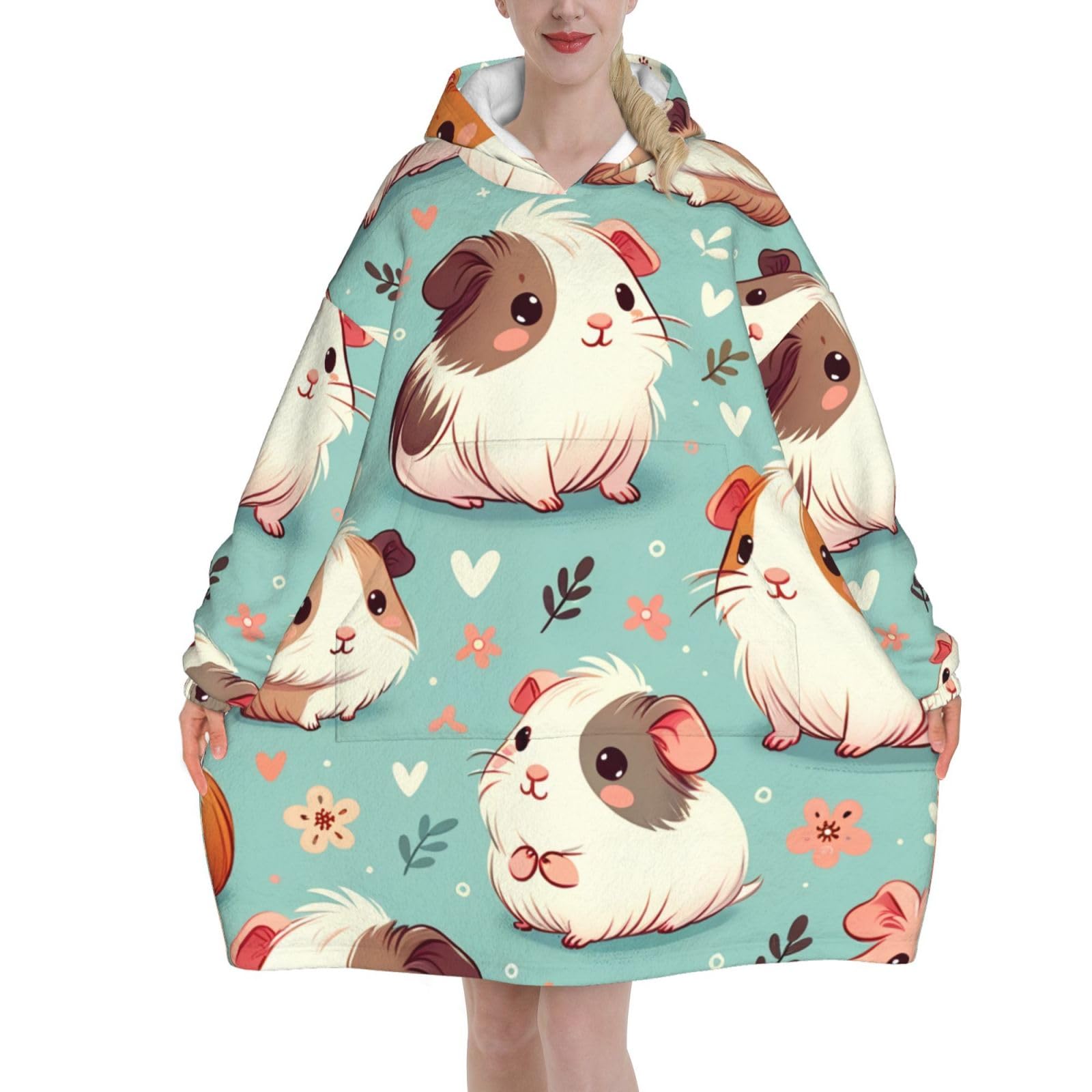 Geteruichi Men's Black Wearable Blanket Hoodie Oversized Cute Guinea Pig Large Hooded Blanket Jumper For ,Wo