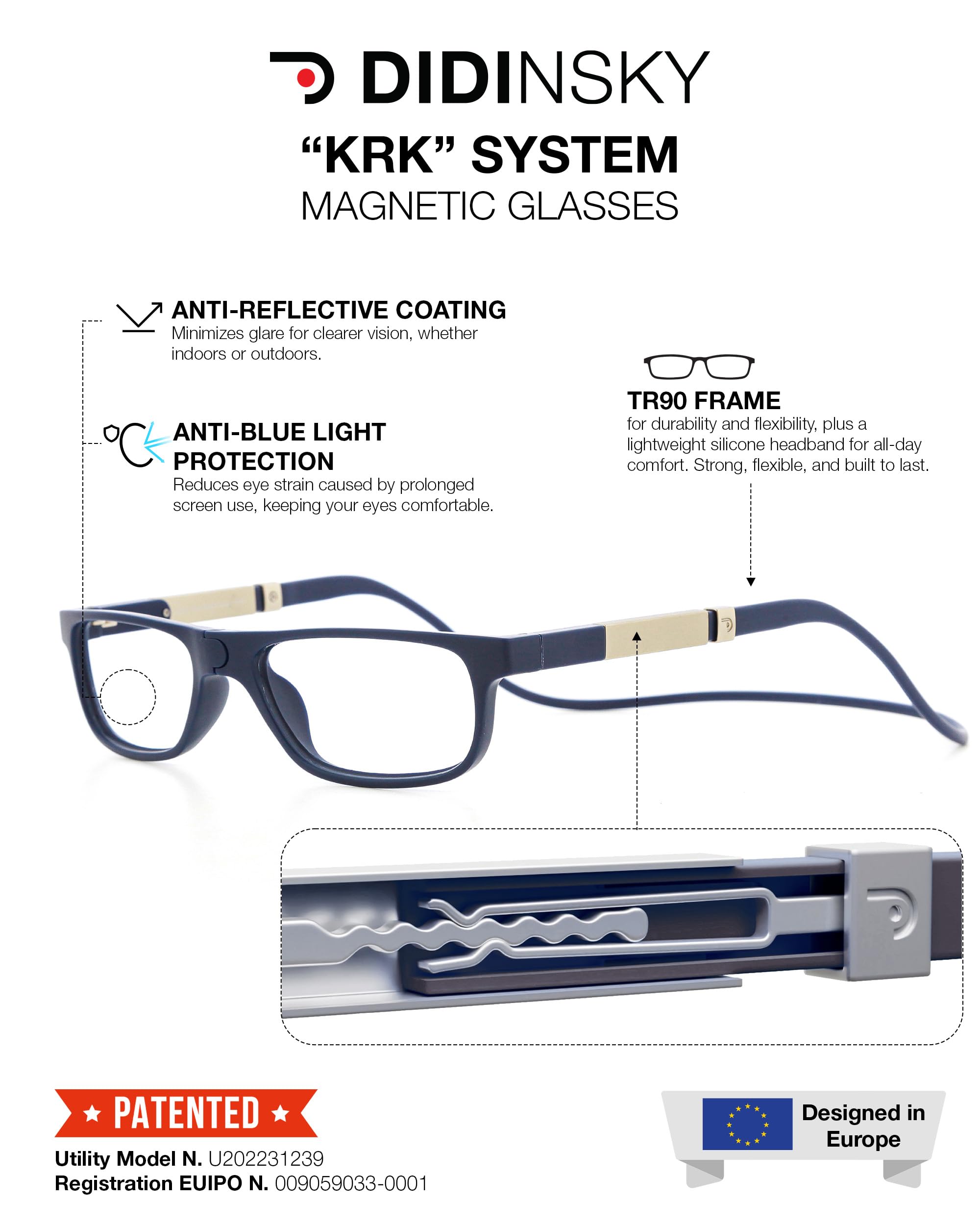 DIDINSKY Krik Occhiali da Lettura Magnetici, Anti Luce Blu | Chiusura magnetica frontale · Per leggere da vicino · Anti luce blu · Ingrandimento +1.0 a +3.0 · Custodia inclusa