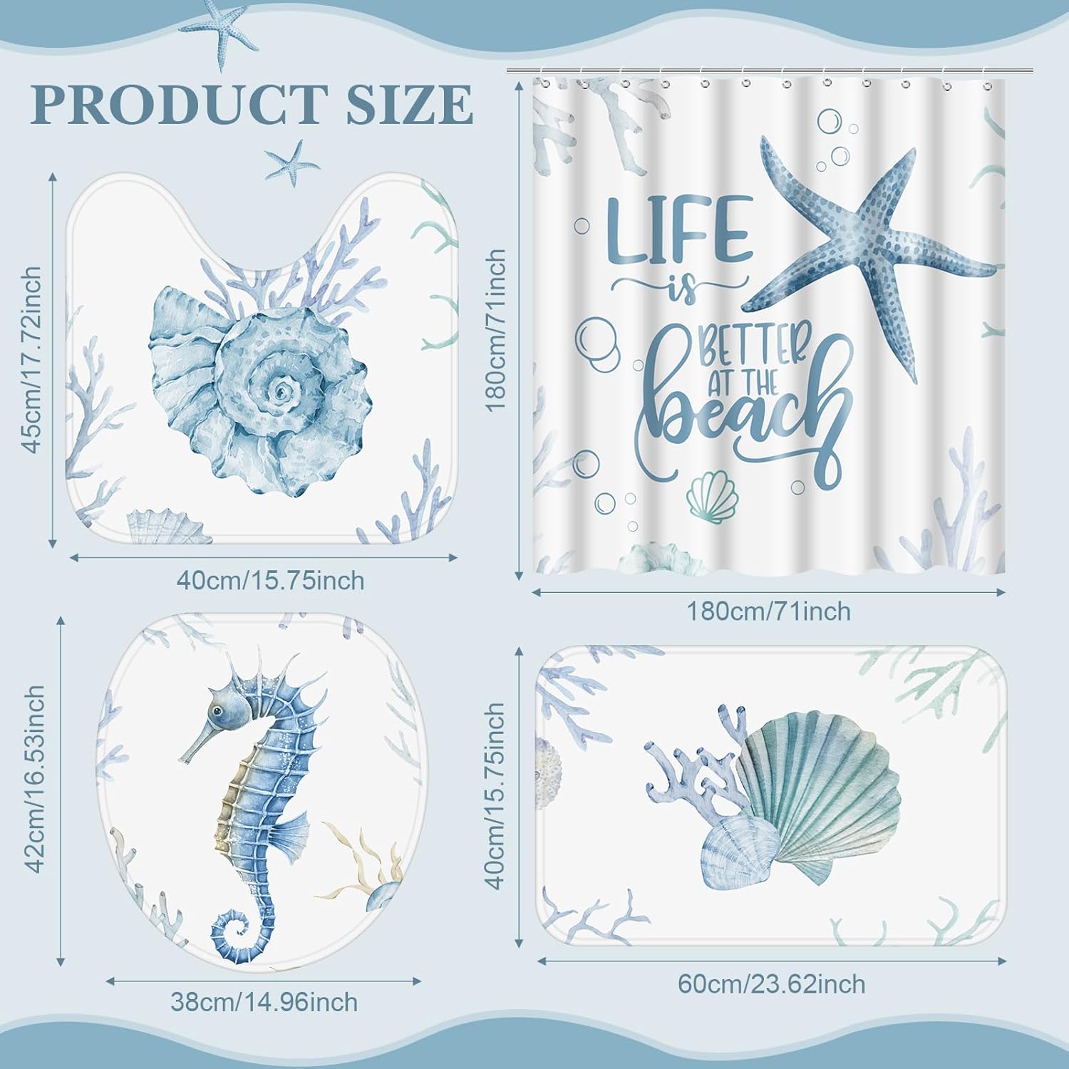 WovWeave 4 Pcs Beach Bathroom Shower Curtain Set, Ocean Animals Bathroom Curtain with 12 Hooks, Non-Slip Rugs, Toilet Lid Cover, U Toilet Mat for Ocean Beach Theme Decoration