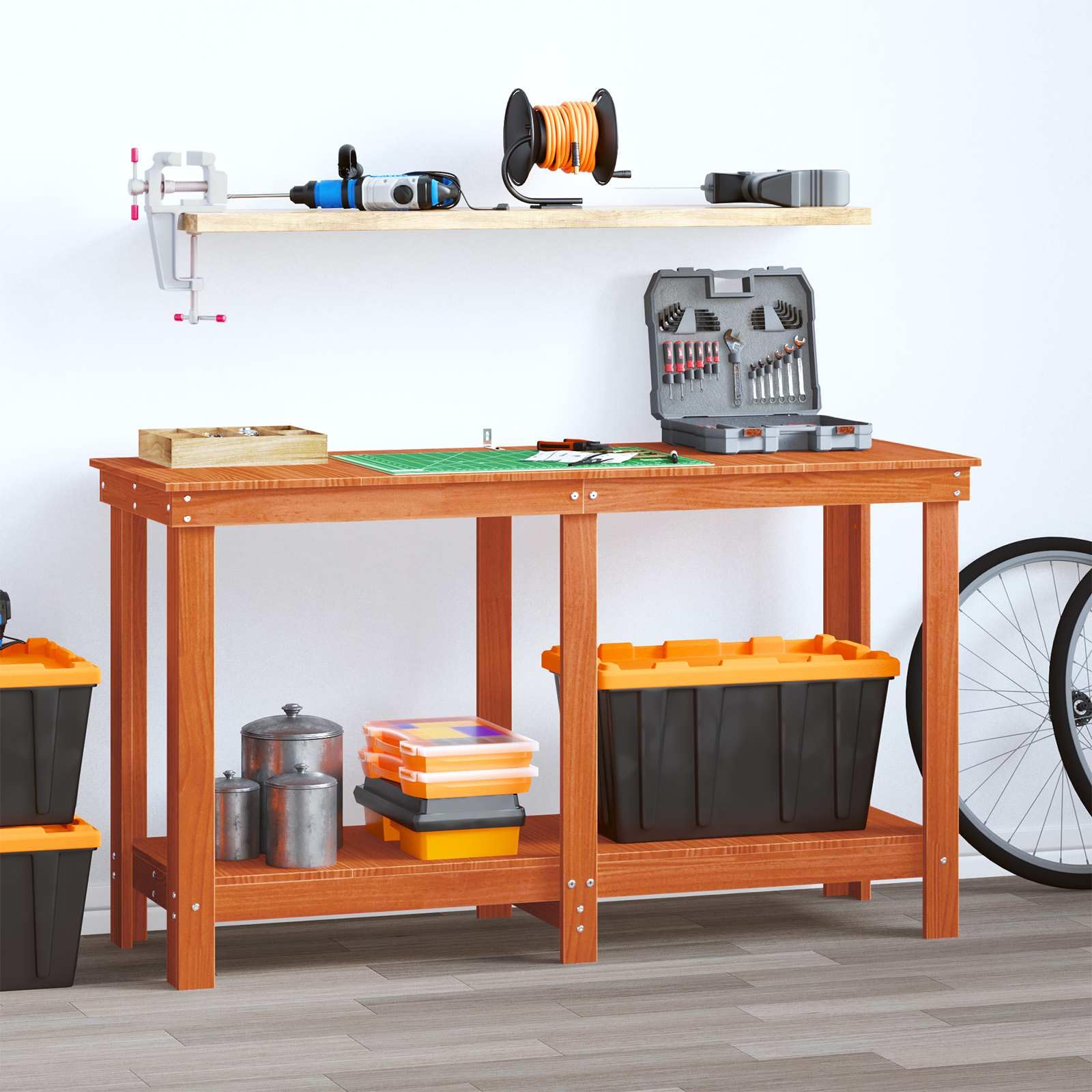 Banco da lavoro marrone cerato, 140 x 50 x 80 cm, in legno di pino massiccio con ripiani, tavolo da lavoro moderno per cucina o garage, facile da montare e superficie facile da pulire