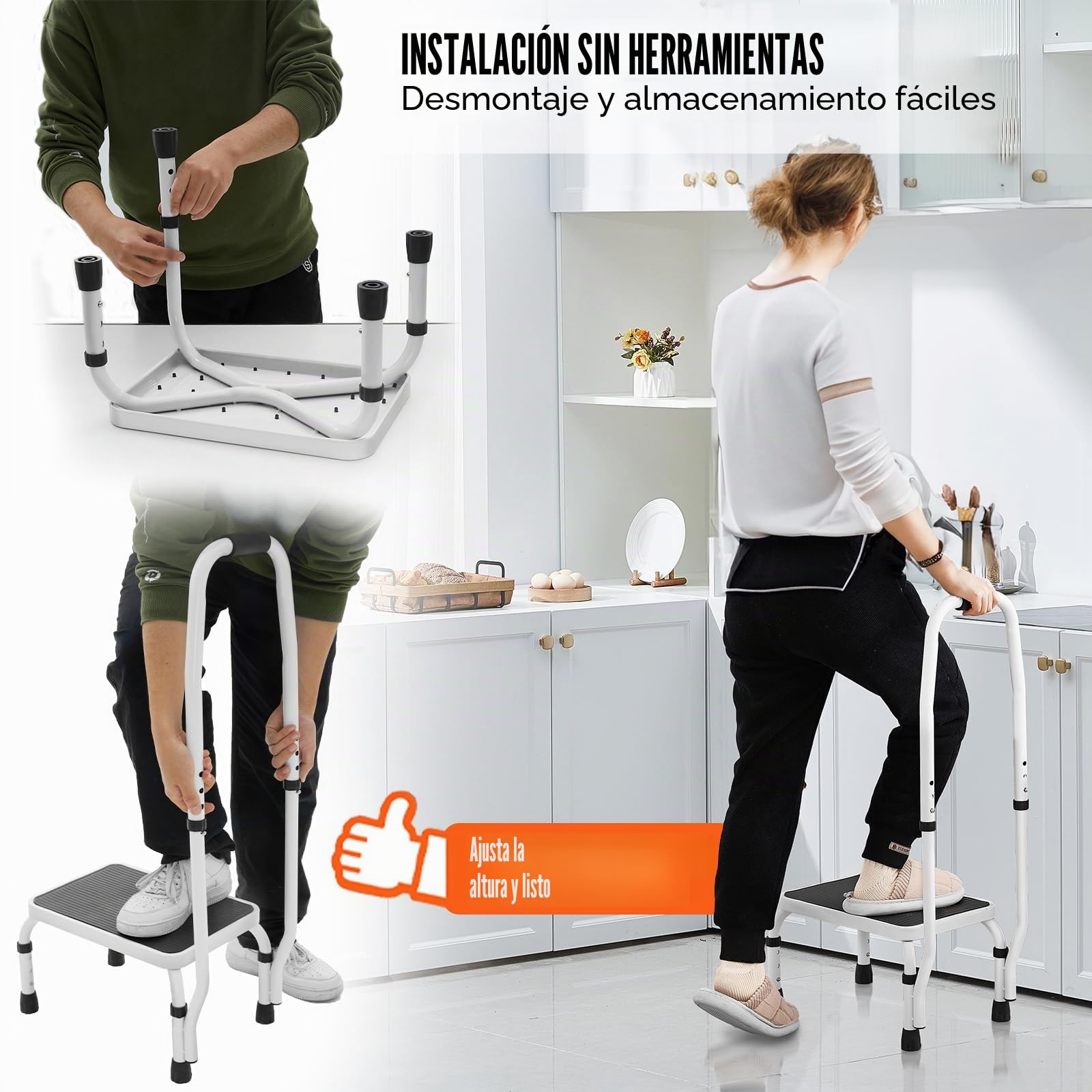 VEVOR Taburete de 1 escalón, capacidad de 330 libras, 3 alturas ajustables con asa, escalera de acero, taburetes portátiles para adultos, escaleras antideslizantes y resistentes para oficina