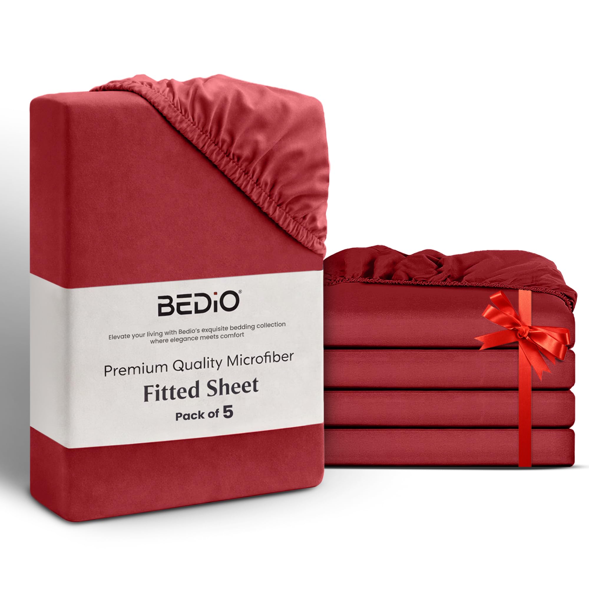 BEDIO Extra Deep Fitted Sheets Double (Pack of 5) 137x190CM, Burgundy Extra Deep Pocket 40 cm (16 inch) 360° All Around Elastic Easy Care Soft Brushed Microfiber Fabric Fade Resistant