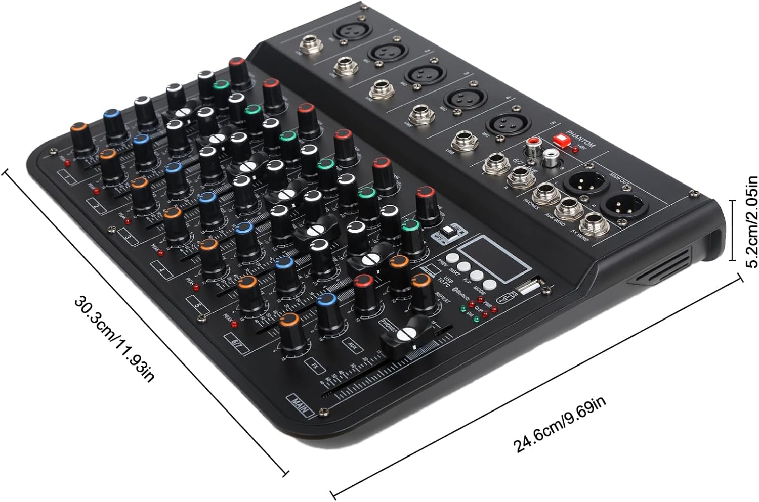 Image showing the dimensions of the mixer: 30.3cm (length), 24.6cm (width), and 5.2cm (height).