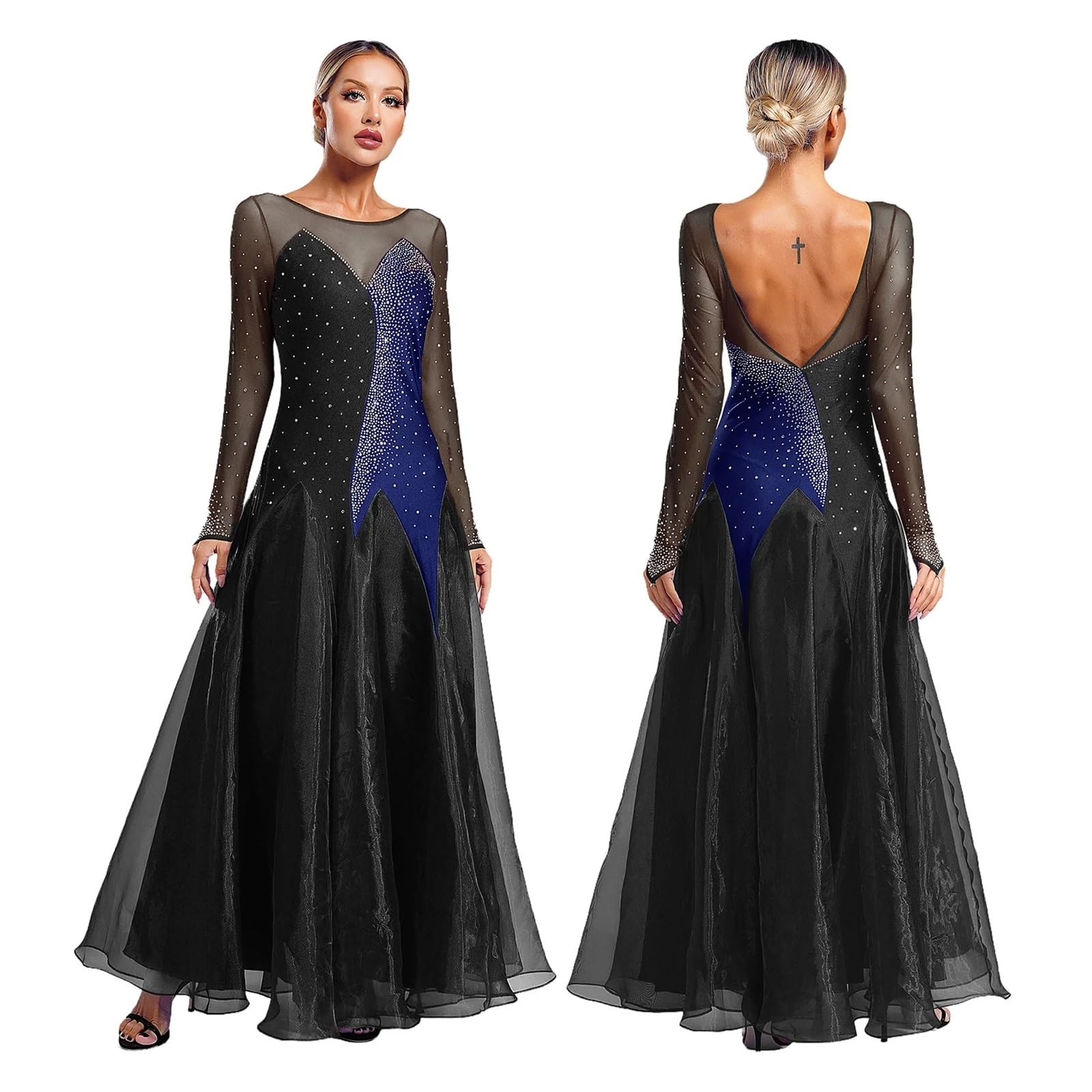 Tanzkleid Damen Damen Lyrisches Walzer-Tango-Tanzkleid, Transparentes Netz, Langärmliges Maxikleid Mit Glitzernden Strasssteinen for Bühnenauftritte