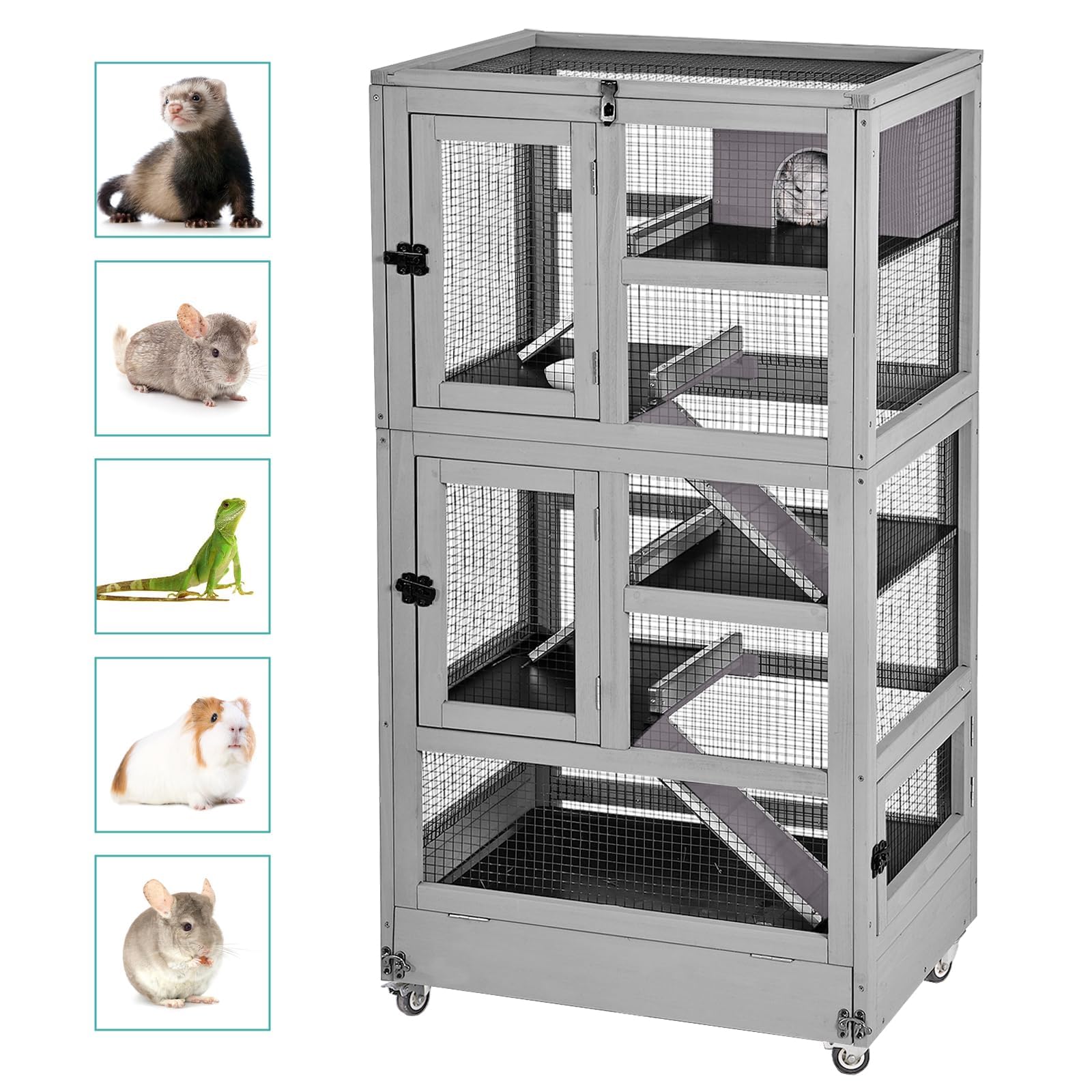 Akinerri Großer Meerschweinchenkäfig,5 Levels Hölzerner Frettkäfig mit Rädern, Chinchilla Käfig Upgrade Metallrahmen Rattenkäfig für Indoor Outdoor (5 Level)