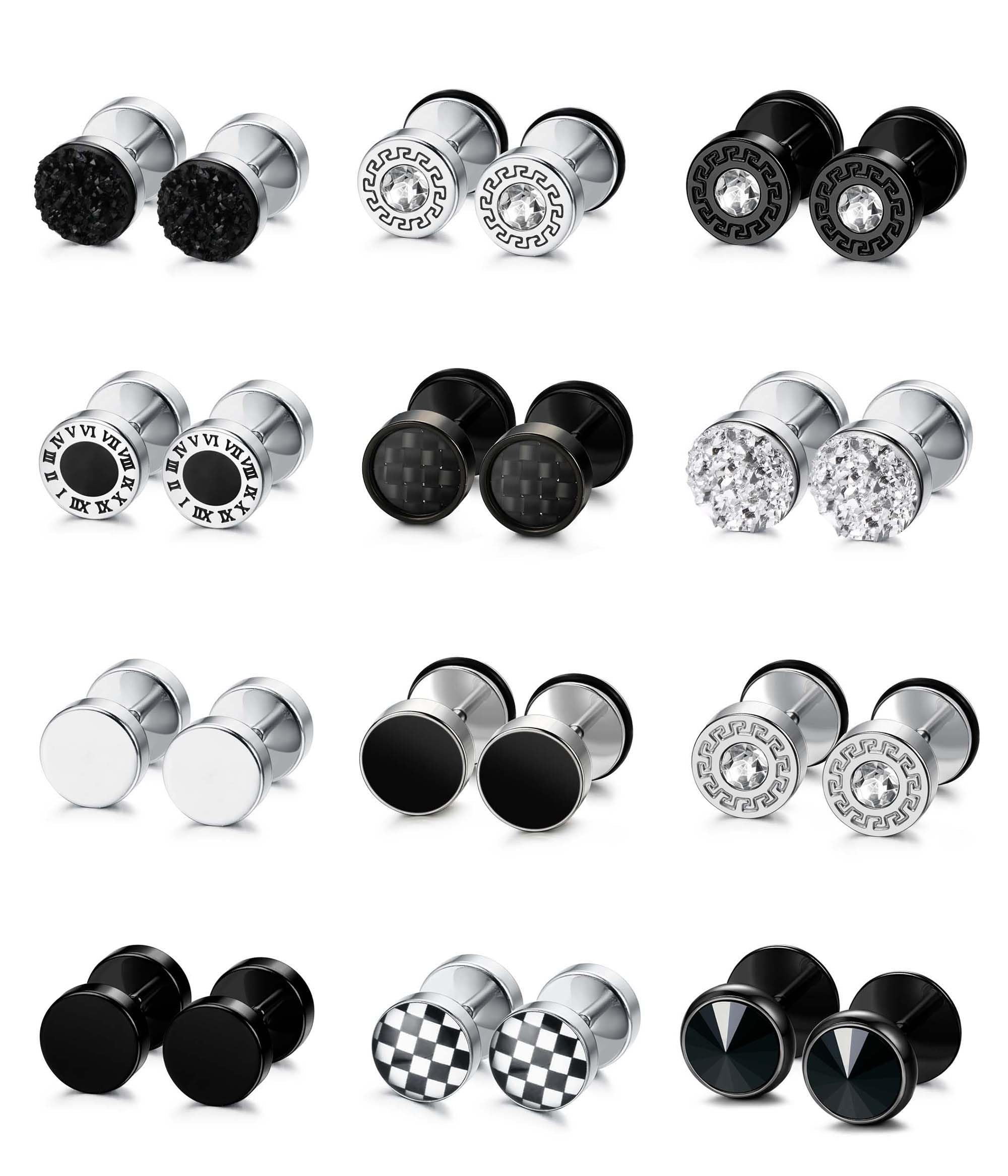 JeweBella 12 Pares Pendientes Hombre Acero Inoxidable Negro Plata Pendientes Punk Clásico Redondo Pendientes Fake Plug Orejas Tornillo Barbell Ear Plugs Faux Gauges Ear Tornillo Piercing Oreja 8MM