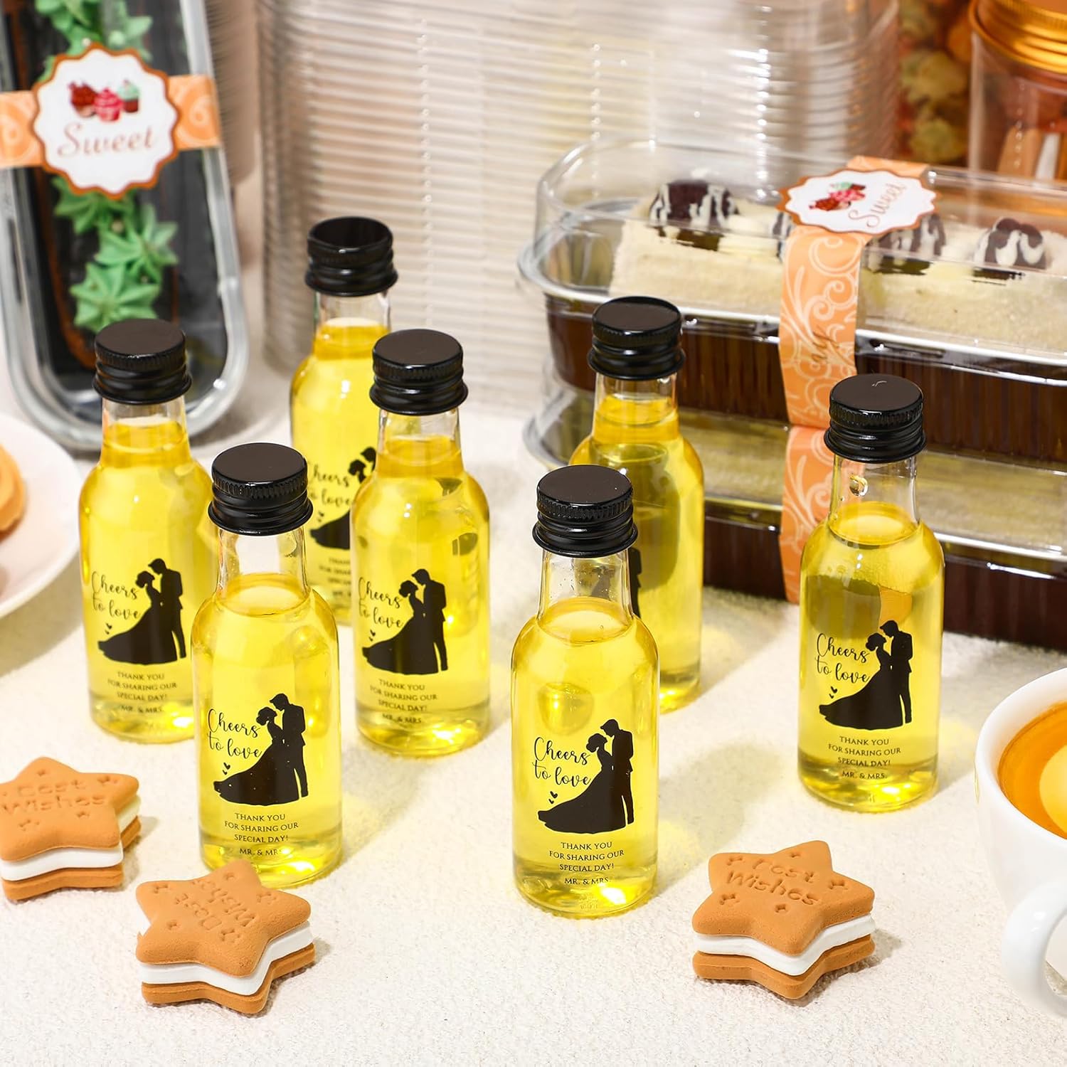 Hushee 50 Sets Wedding Mini Liquor Bottles 1.7 oz Plastic Mini Alcohol Bottles with Funnels and Black Cap Wedding Party Favors for Guest Bridal Shower Supplies