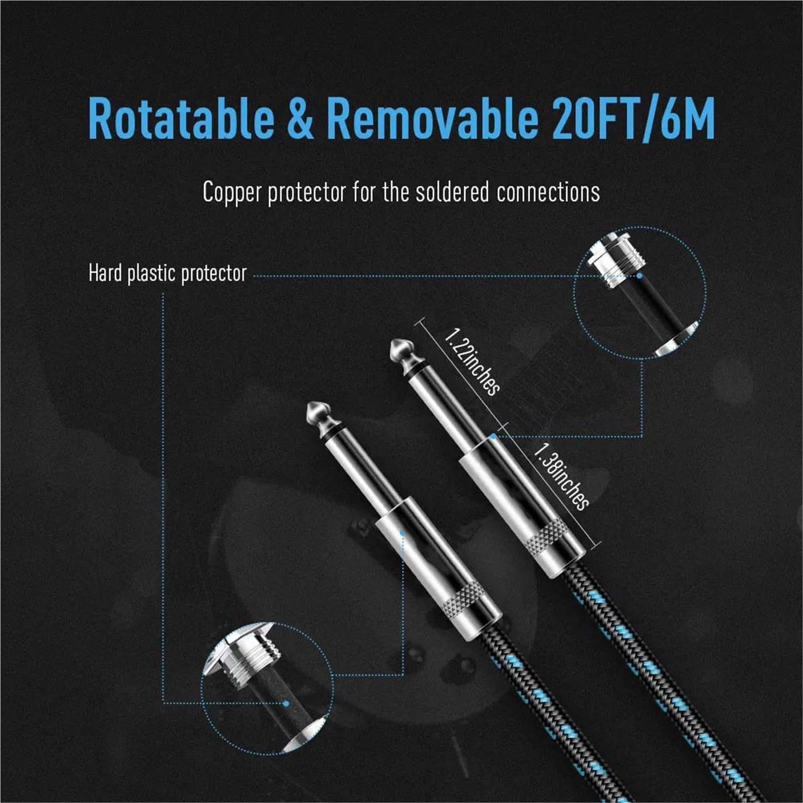 Pleciony Kabel Gitarowy 300 Cm 6 M 6,35 Mm 1/4" Prosty | Kabel do gitary(Type3 6m)