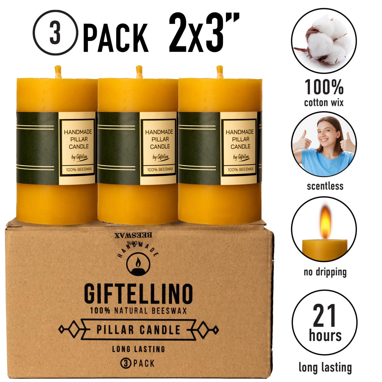 3er-Set Natürliche Bienenwachs-Säulenkerzen – Handgefertigt & Duftfrei – Baumwoll-Docht für Sauberes Abbrennen – 21 Stunden Brenndauer pro Kerze – Beeswax Pillar Candles Set