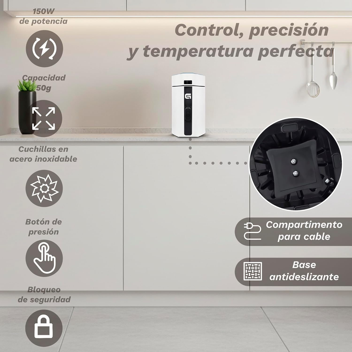 MO-150BL electric coffee grinder with 50g capacity, stainless steel blades - Suitable for nuts and spices - White