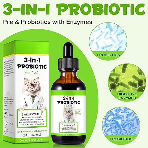 Miniatura 4 de Probióticos 3 en 1 para gatos con enzimas digestivas y prebióticos  Apoya la salud intestinal, el sistema inmunológico y el alivio de la diarrea
