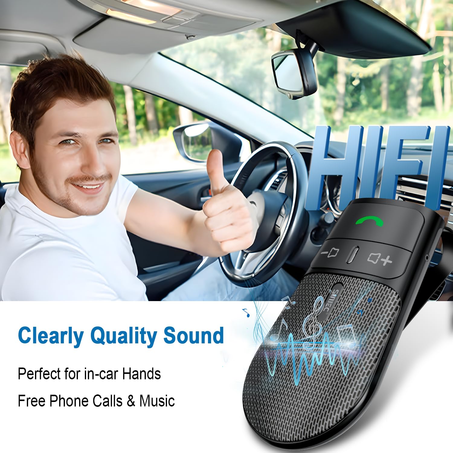 Kit vivavoce Bluetooth 5.3 per auto, altoparlante per auto, kit vivavoce per parasole, doppio telefono, supporto Siri Assistant con microfono auto Power On compatibile con Samsung iPhone Android