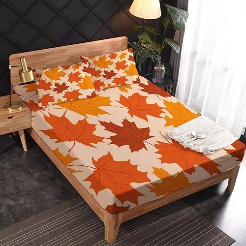 Miniatura 2 de Juego de sábanas de hojas de otoño tamaño King, sábanas de microfibra suave, bolsillo profundo, sábanas y fundas de almohada estampadas sin arrugas,