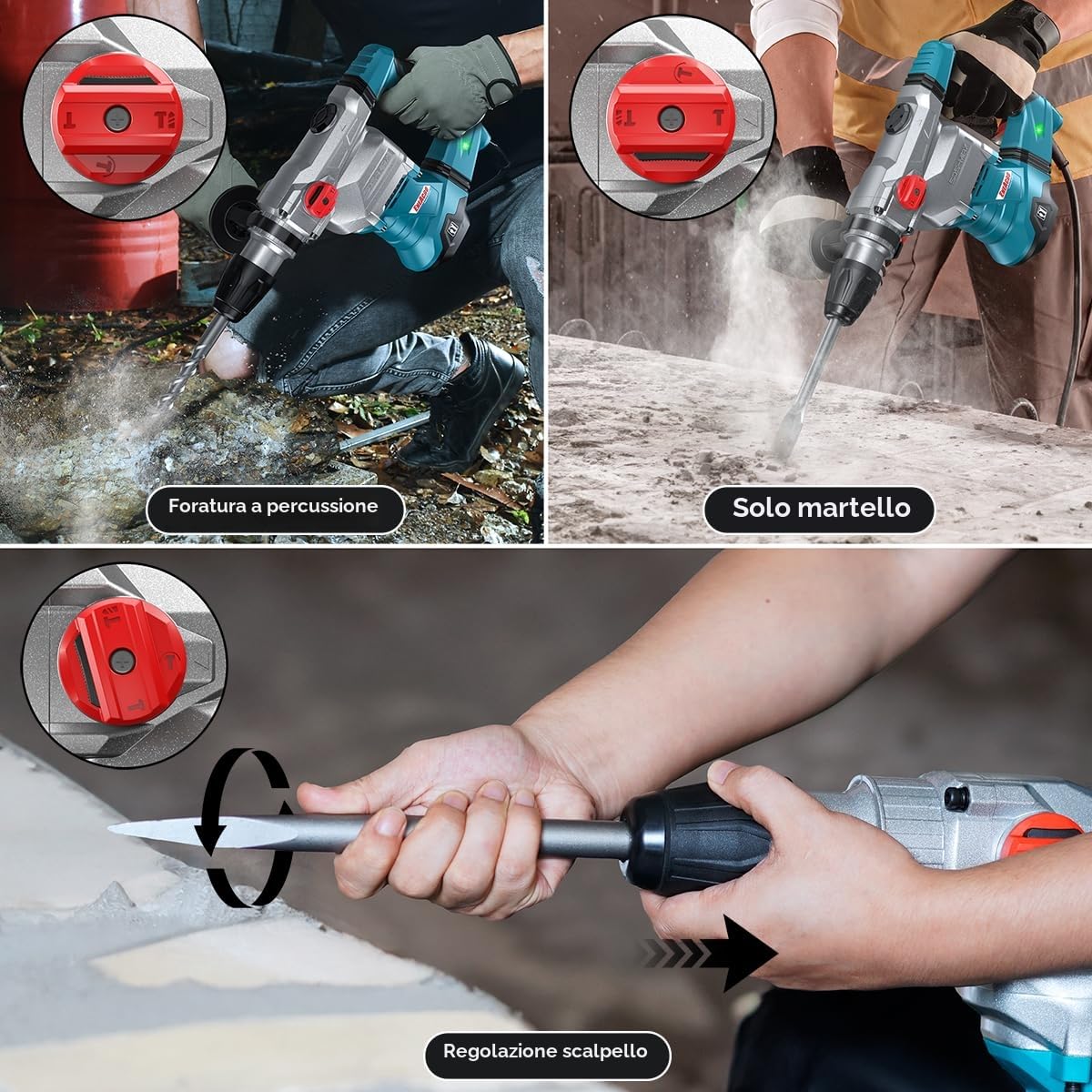 ENEACRO SDS-MAX Martello perforatore, 1500 W 12 Joule Martello demolitore con 3 funzioni, impugnatura antivibrante e frizione di sicurezza, capacità di perforazione 40 mm nel calcestruzzo