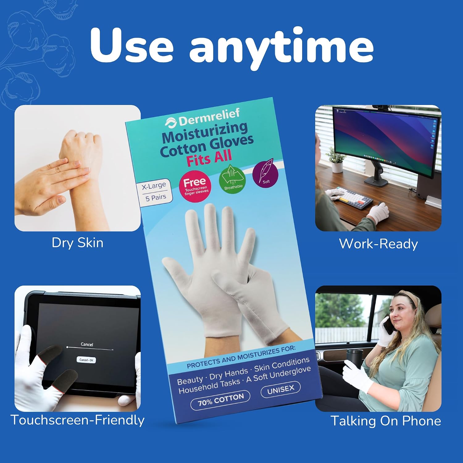 Cotton Gloves Fits All - for Beauty, Dry Hands, Eczema, Dermatitis and Psoriasis (5 Pairs) with Free Gift (Touchscreen Finger Sleeves) (Large)