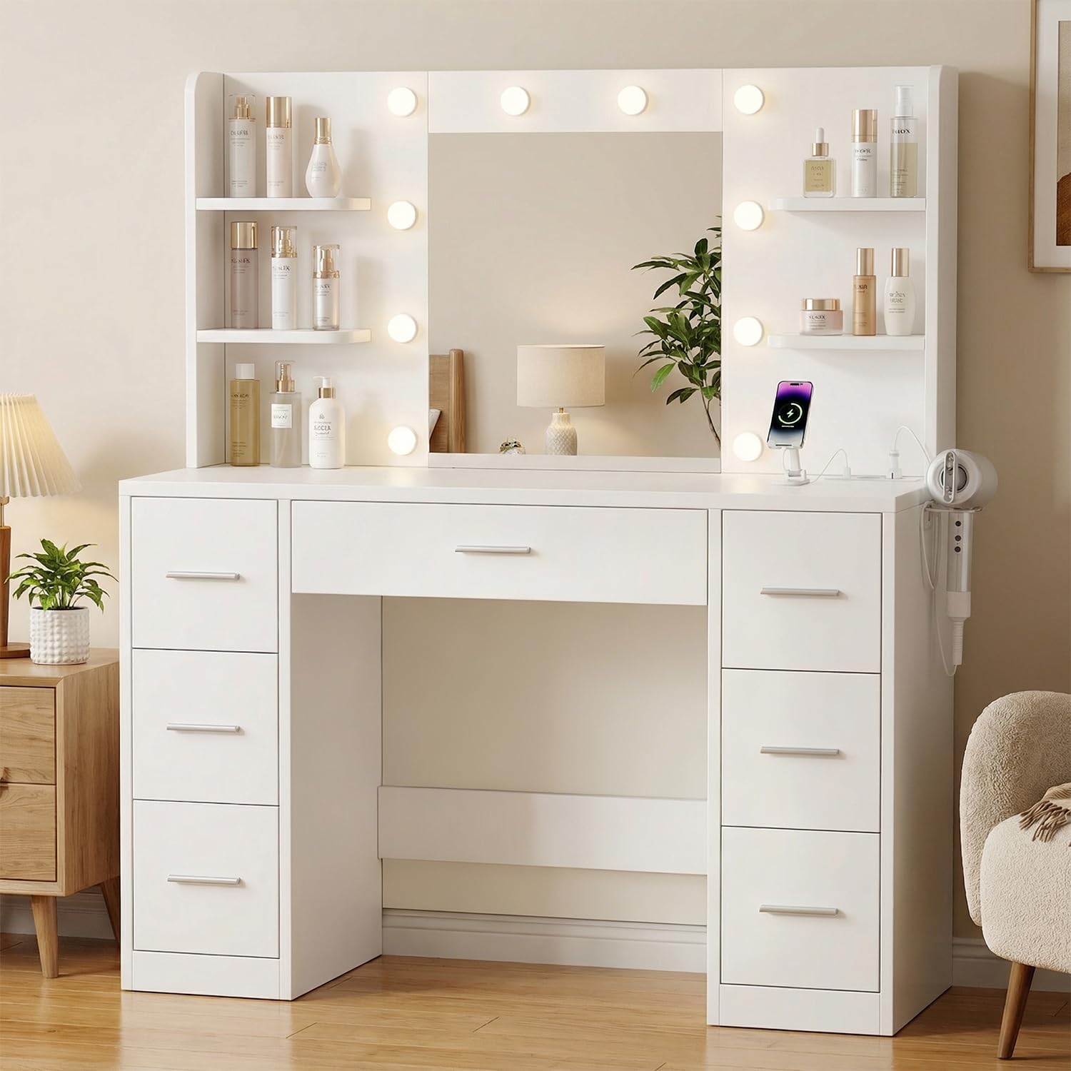 JUMMICO Große Schminktisch mit Verstellbaren LED-Beleuchtung und Steckdosen, Schminktisch mit Spiegel und 7 Schubladen, Fashionabler Frisiertisch Mit 10 LED Beleuchtung Schlafzimmer, Weiß