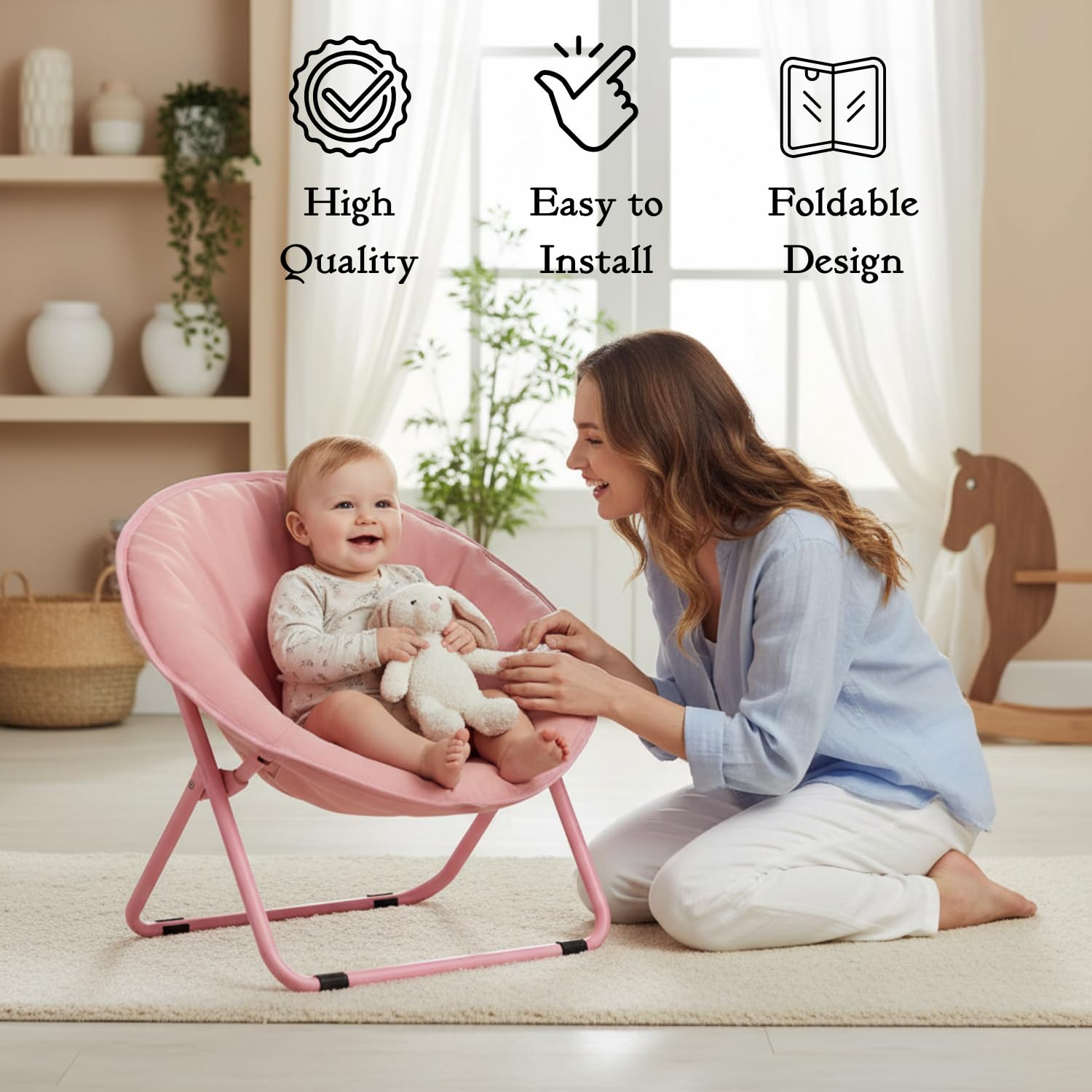 BHAJANSHREE Round Folding Saucer Chair for Adults & Kids | Ultra Soft Cushioned Moon Lounge Chair with Sturdy Steel Frame | Portable Cozy Accent Chair for Living Room, Balcony & Relaxing Seating 1
