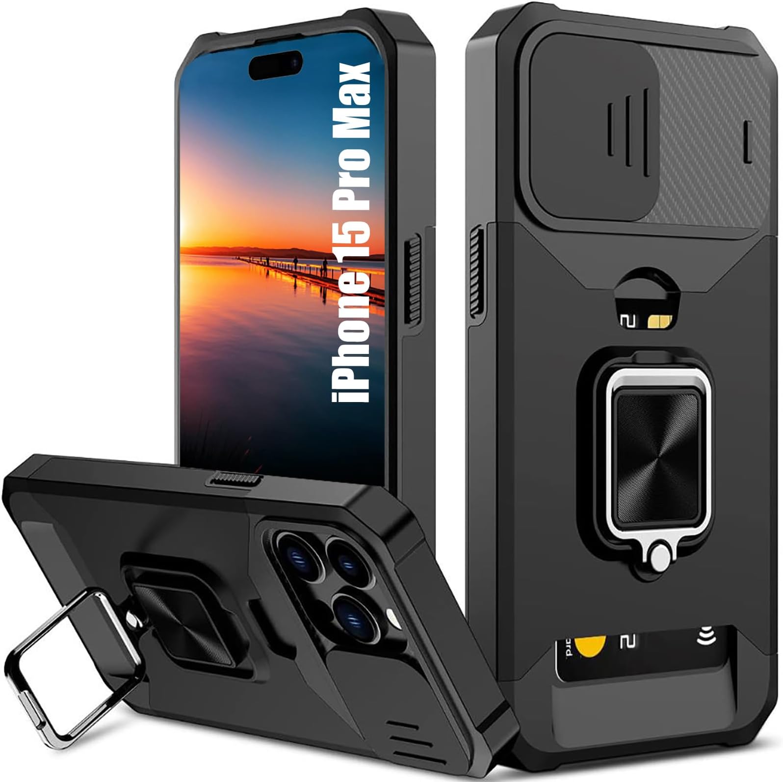 for iPhone 15 Pro Max Case with Card Holder and Slide Camera Cover,360° Rotate Ring Kickstand Heavy Duty Protective Phone Case for Apple iPhone 15 Pro Max Cover-Black