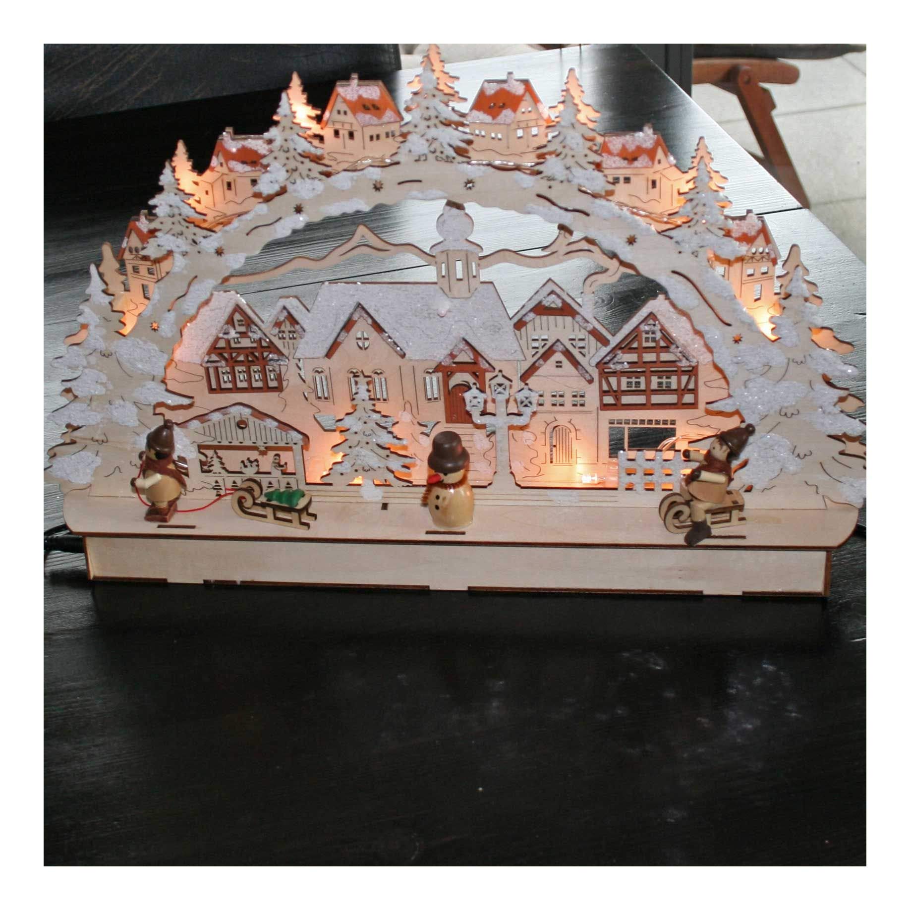 3D Holz-Schwibbogen Stadt mit Winterkindern Lichterbogen hell (Natur)