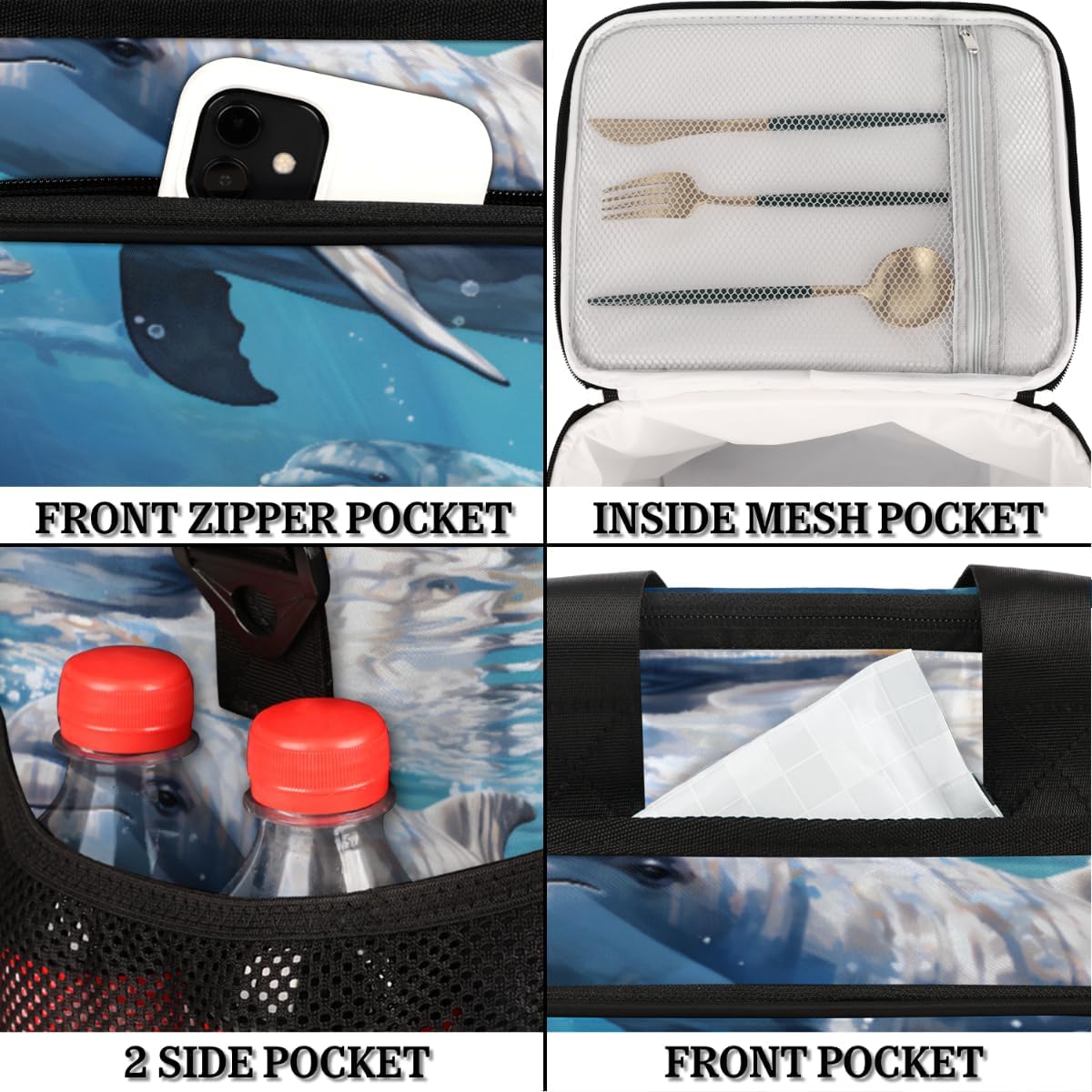 Marine Life Insulated Picnic Backpack Lunch Box for Women Men Picnic Basket Tote Lunch Bag Picnic Bag Portable Lunch Bags for Picnic, Beach, Work, Trip,Office, Camp Dolphin Ocean
