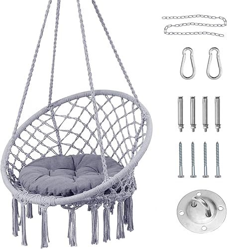 HBlife - Silla hamaca, columpio colgante con macramé y cojín, máximo 150 kg, silla colgante de cuerda de algodón gris para interiores, exteriores,