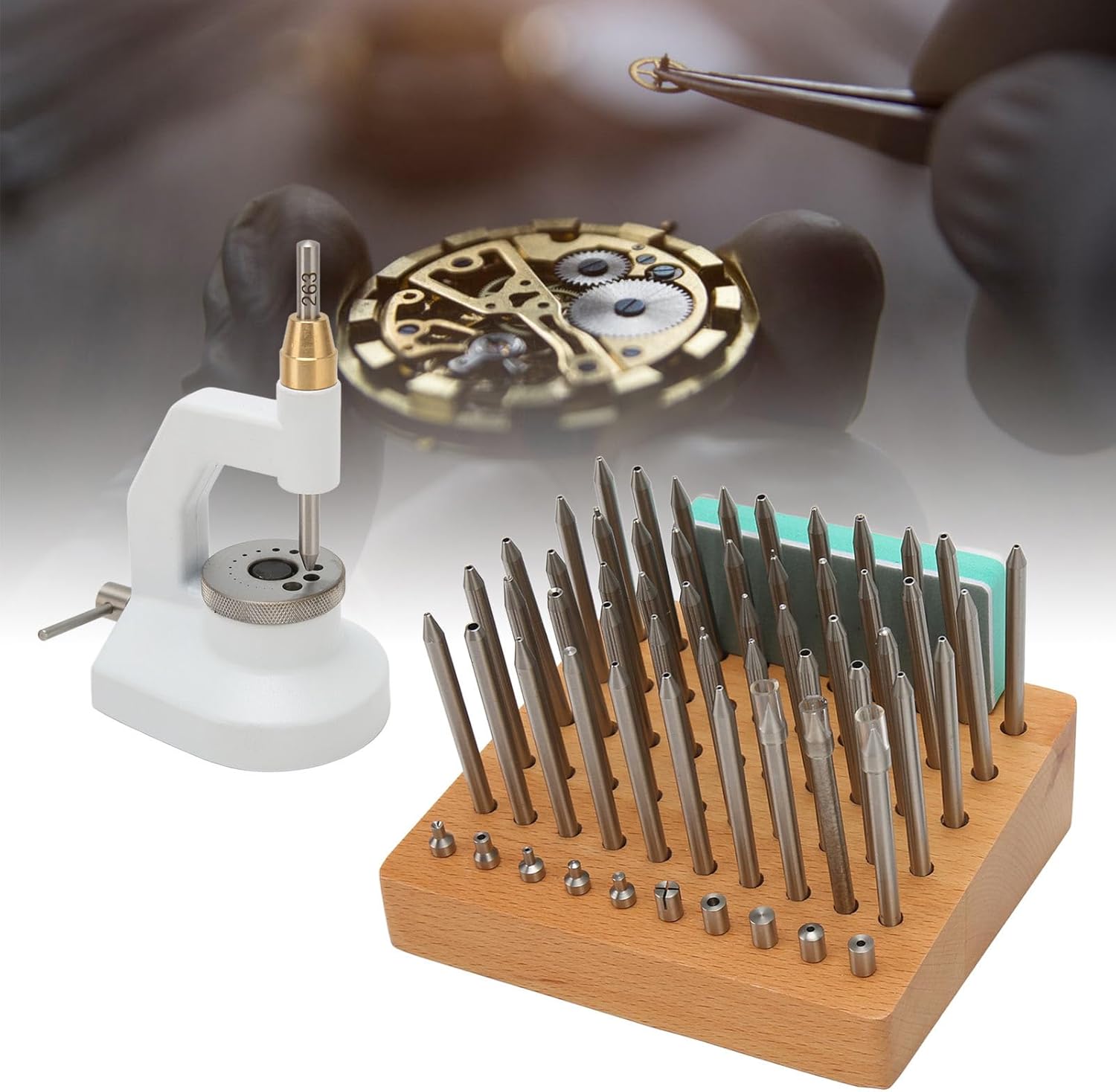 Fockety Watch Repair Staking Tool, Aluminum Alloy Watch Press Set Watchmaker Jewelling Punching Kit Watchmaker Jewelling Tool Watch Repair Tool Accessories with 50 Punch Pins & 10 Punches