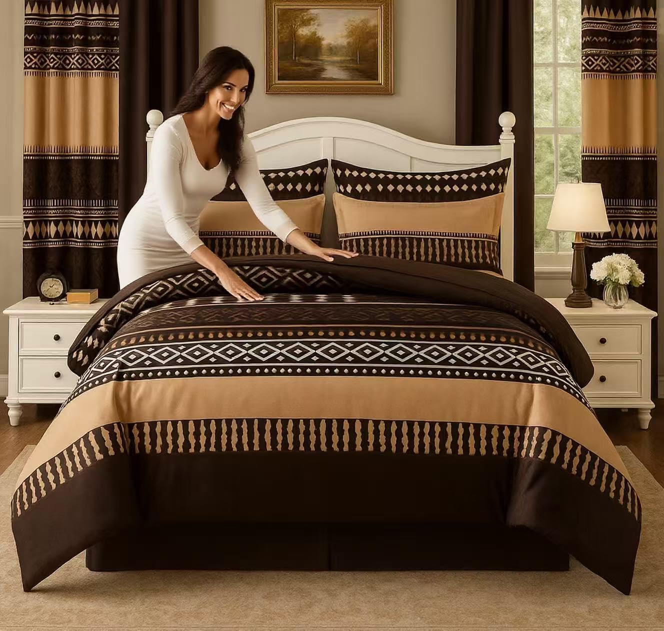 9pcs Bohemian Luxury Bedding Set - Soft Microfiber, Brown Beige Tribal Print, All-Season Lightweight & Breathable Queen/King/Kalking Size Bedspread with 2 Pillowcases & 6 Curtains, (Queen)