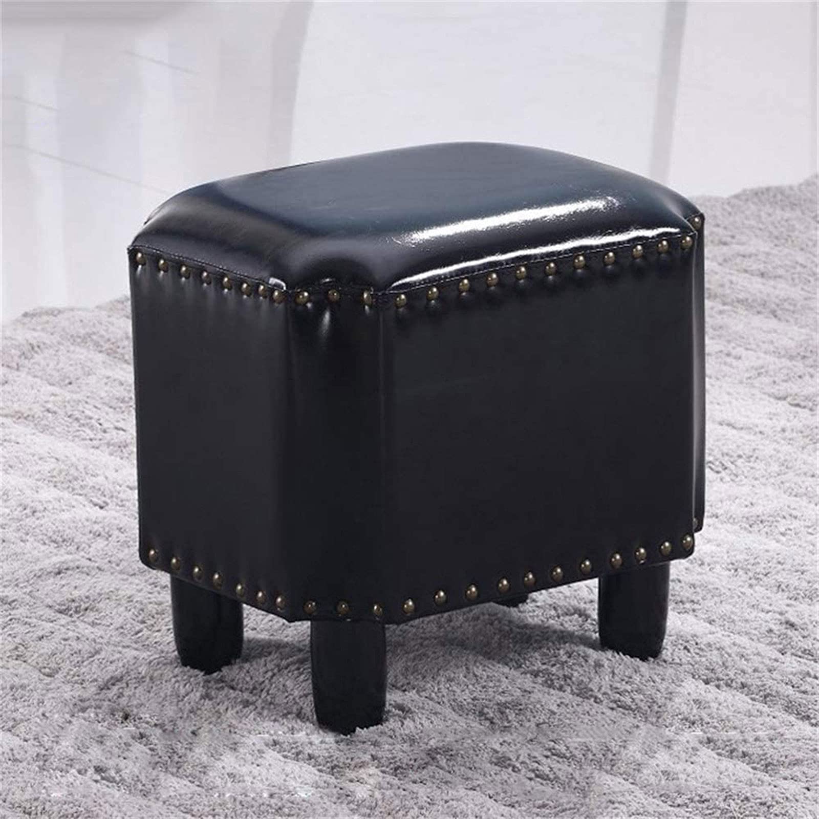 Tabouret cube en cuir ciré à l'huile noir banc à chaussures compact H34 cm
