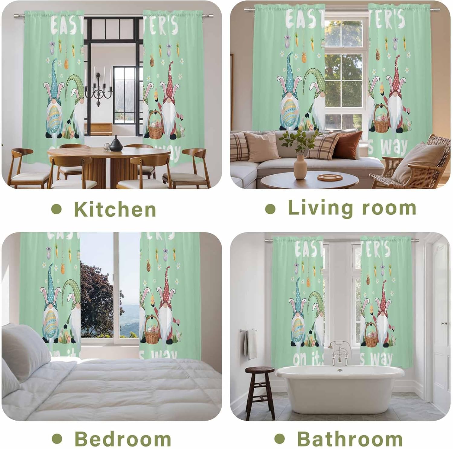 Green Gnomes Easter Kitchen Curtains, Eggs Botanical Carrot Pastoral Light Filtering Window Curtain Panels, 2Pcs Rod Pocket Window Treatments Set for Living Room Bathroom Bedroom 52x72 Inches