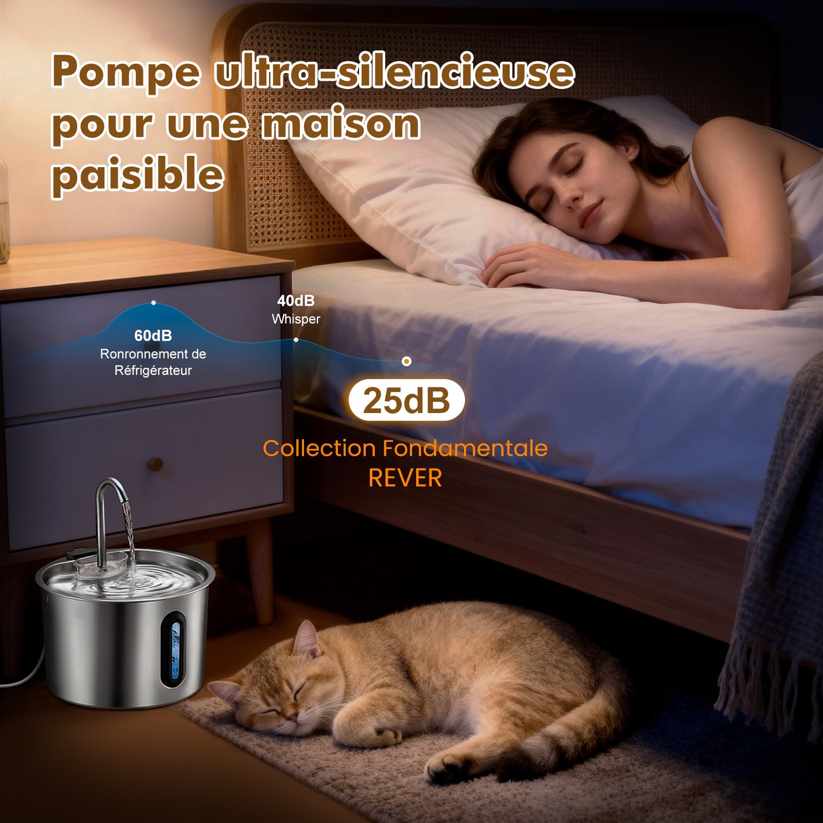 Fontaine a Eau Chat, Automatique inox 2,2 L pour chat et chien – Pompe ultra-silencieuse, fenêtre de niveau d’eau visible, avec filtre et éponge inclus – Idéale pour chats et petits animaux-Rever E101