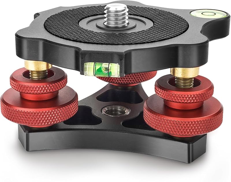 Nivelador de cámara Base niveladora de trípode Cabezal de tres ruedas para fotografía macro Aluminio con nivel de burbuja Nivel de 3 ejes con ajuste de precisión de +/-5 grados para cabezal panorámico rotador de cámara DSLR LP-64