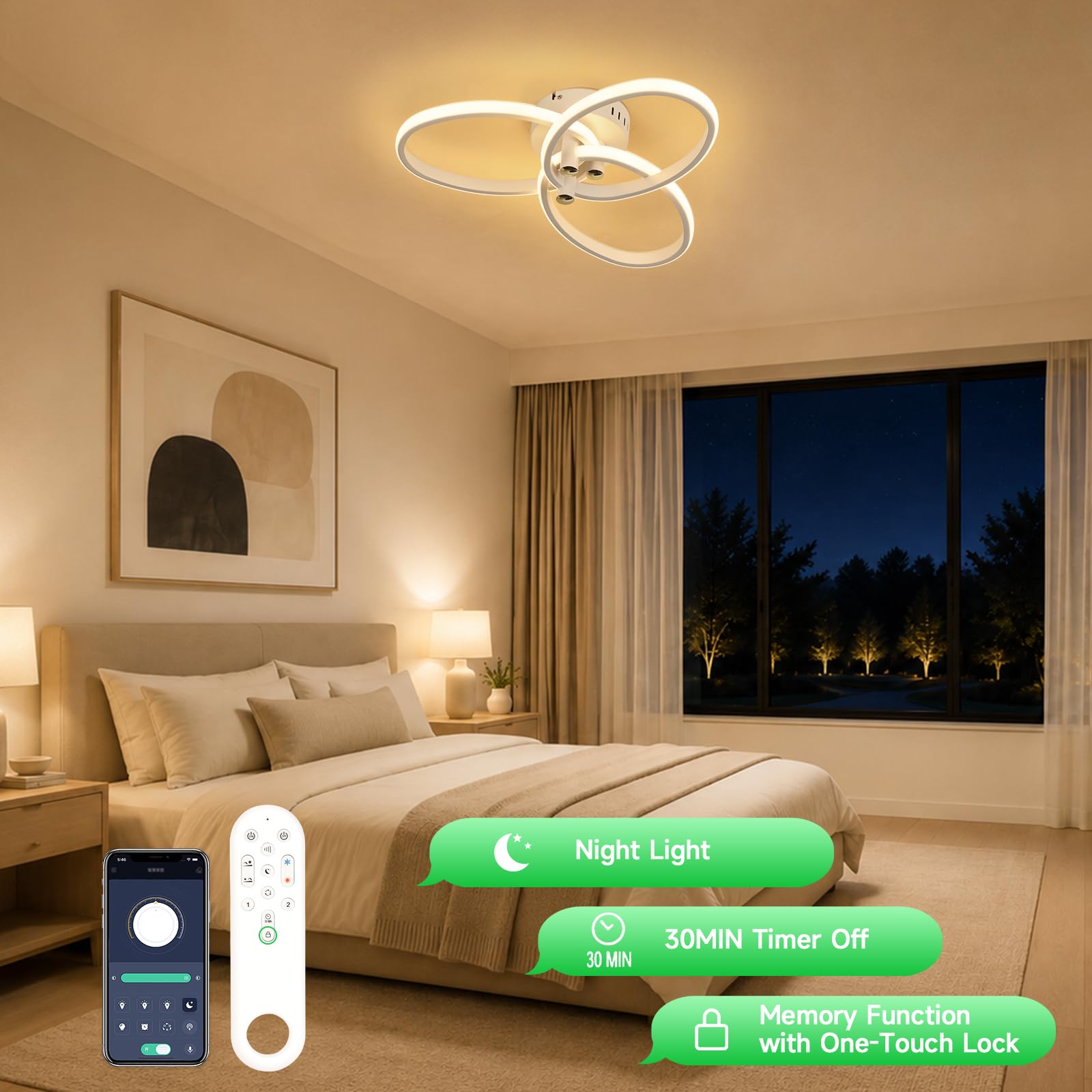 OTREN Lampadario Camera da Letto Dimmerabile 47cm 40W con Telecomando | 3000K-6500K, luce notturna, timer, funzione memoria, per soggiorno, cucina