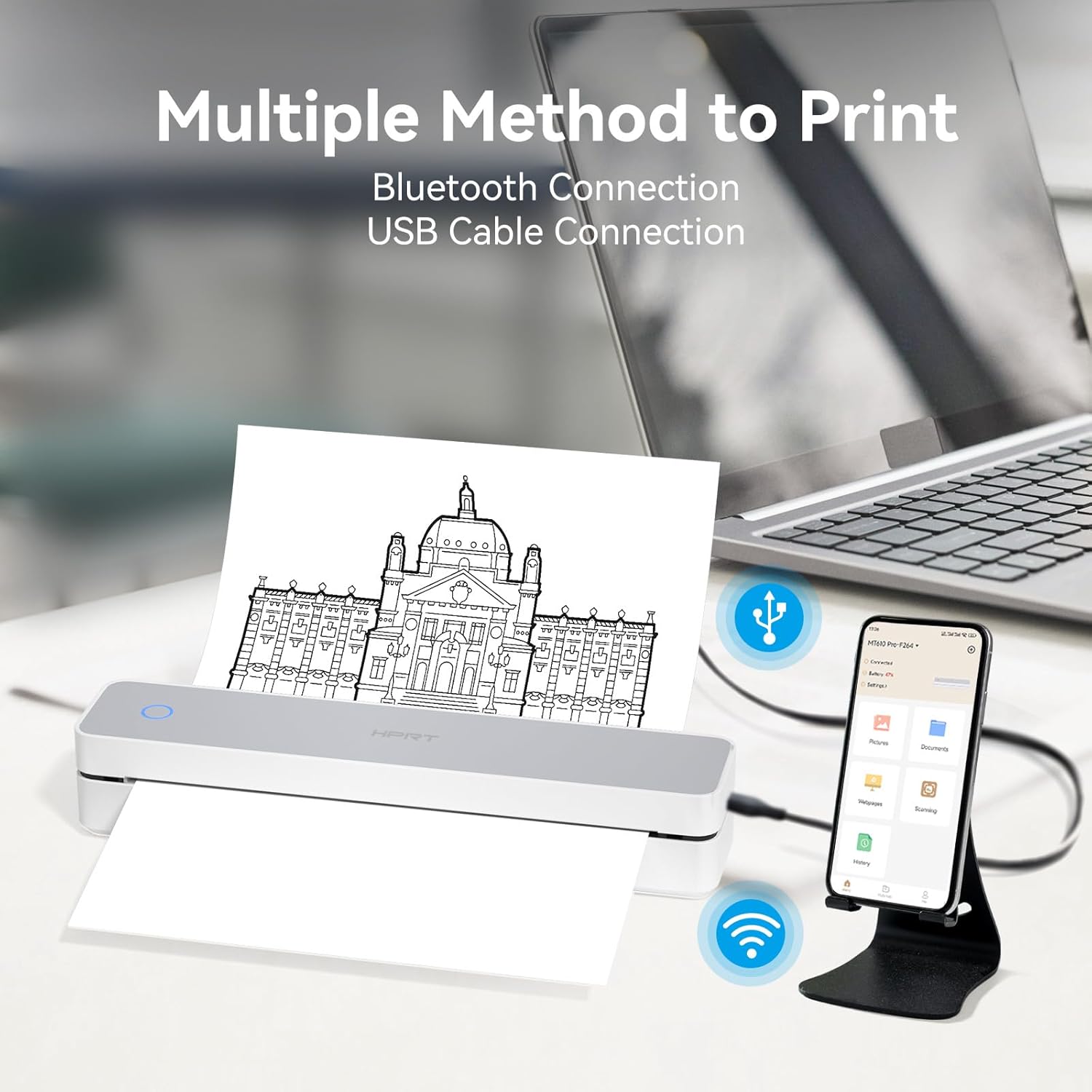 HPRT MT610 Pro printer connected via Bluetooth to a smartphone and via USB to a laptop