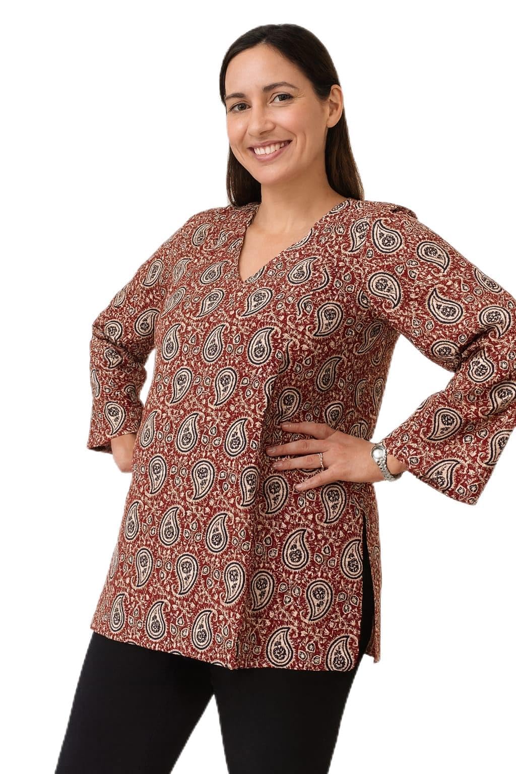 Trendy Maternity Nursing Kurti, Paisley Print Cotton cameric Feeding Dress, Red and White, Bell Sleeves, V-Neck Design, Casual Wear with Both Side Zipper-image-19