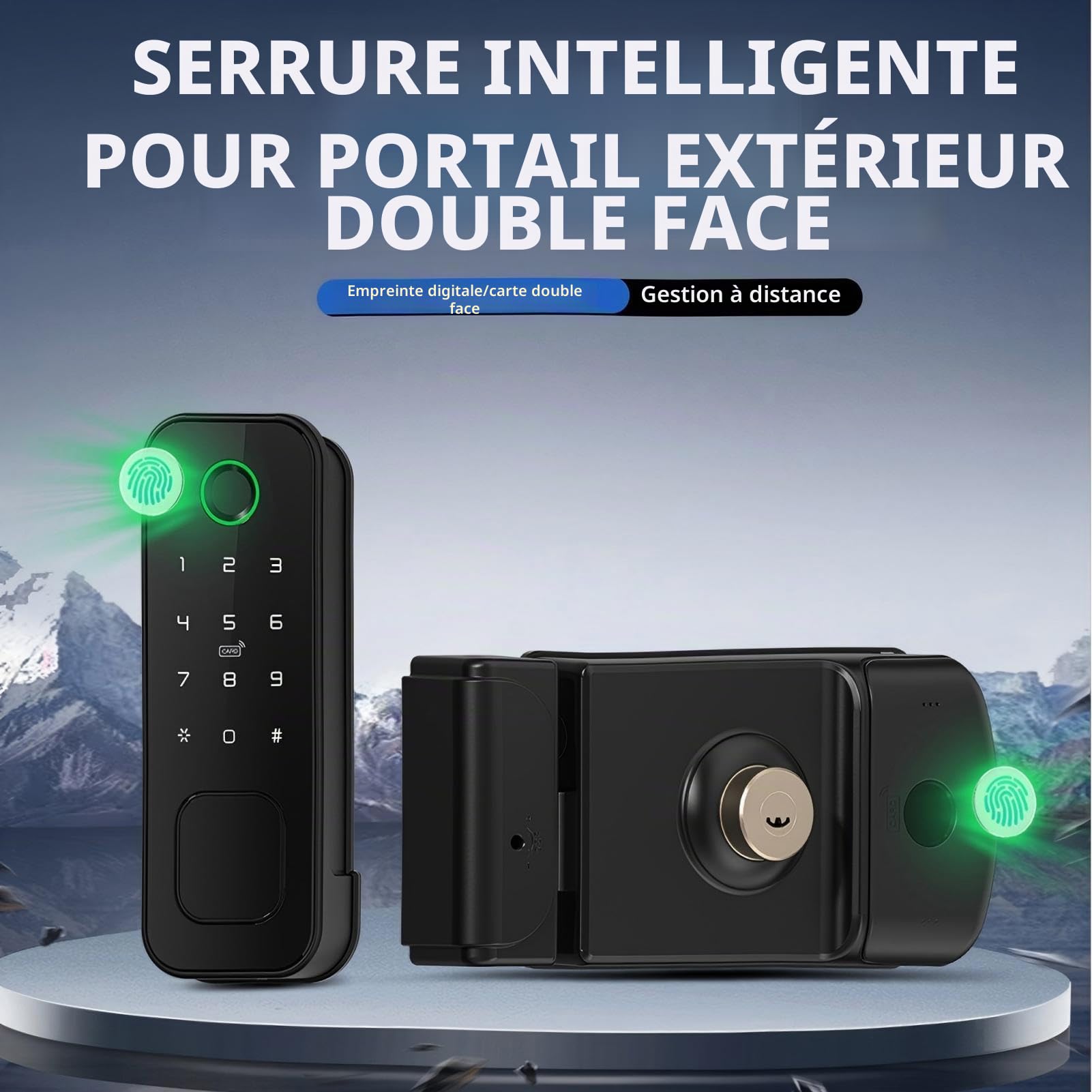 Serrure IP66 WiFi Jardin 5-en-1, Double Empreinte et Carte, (Noir) | Étanche IP66, double empreinte et carte pour ouverture complète, connexion WiFi, parfait pour portail de jardin