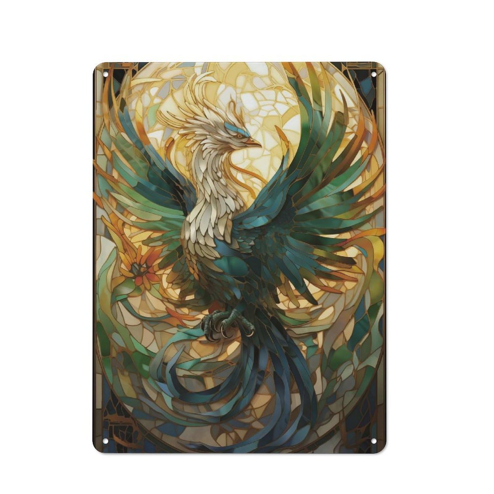 Junmoney Phoenix Stained Glass Art Metal Plaque 40X30cm With For Garage Wall, Vintage Decor, Autumn Home Decor For Collectors Of Metal Signs